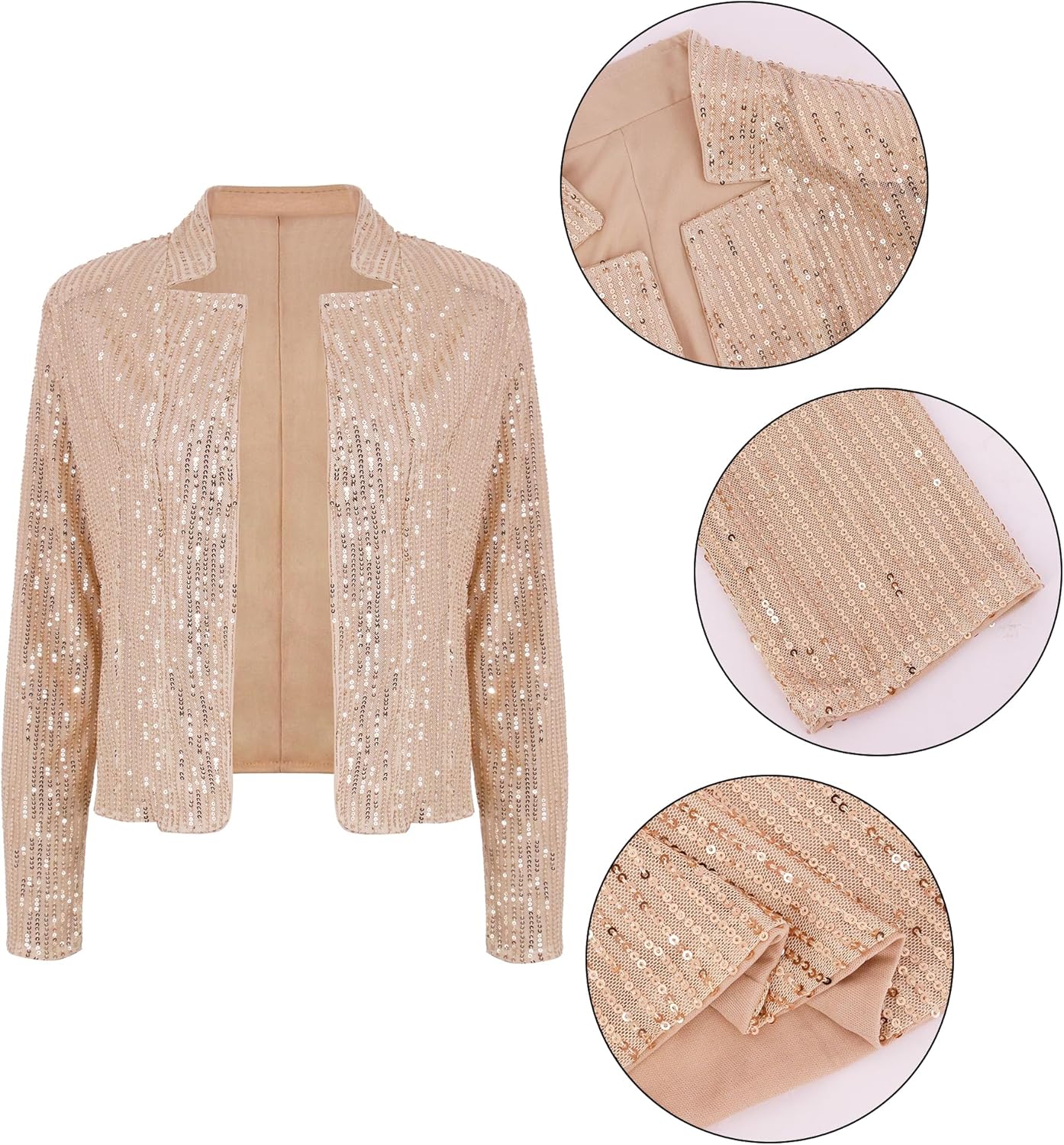 Haoohu Women’s Sequin Short Jackets Long Sleeve Open Front Coat Glitter Blazer Casual Coat Party Clubwear - Image 6