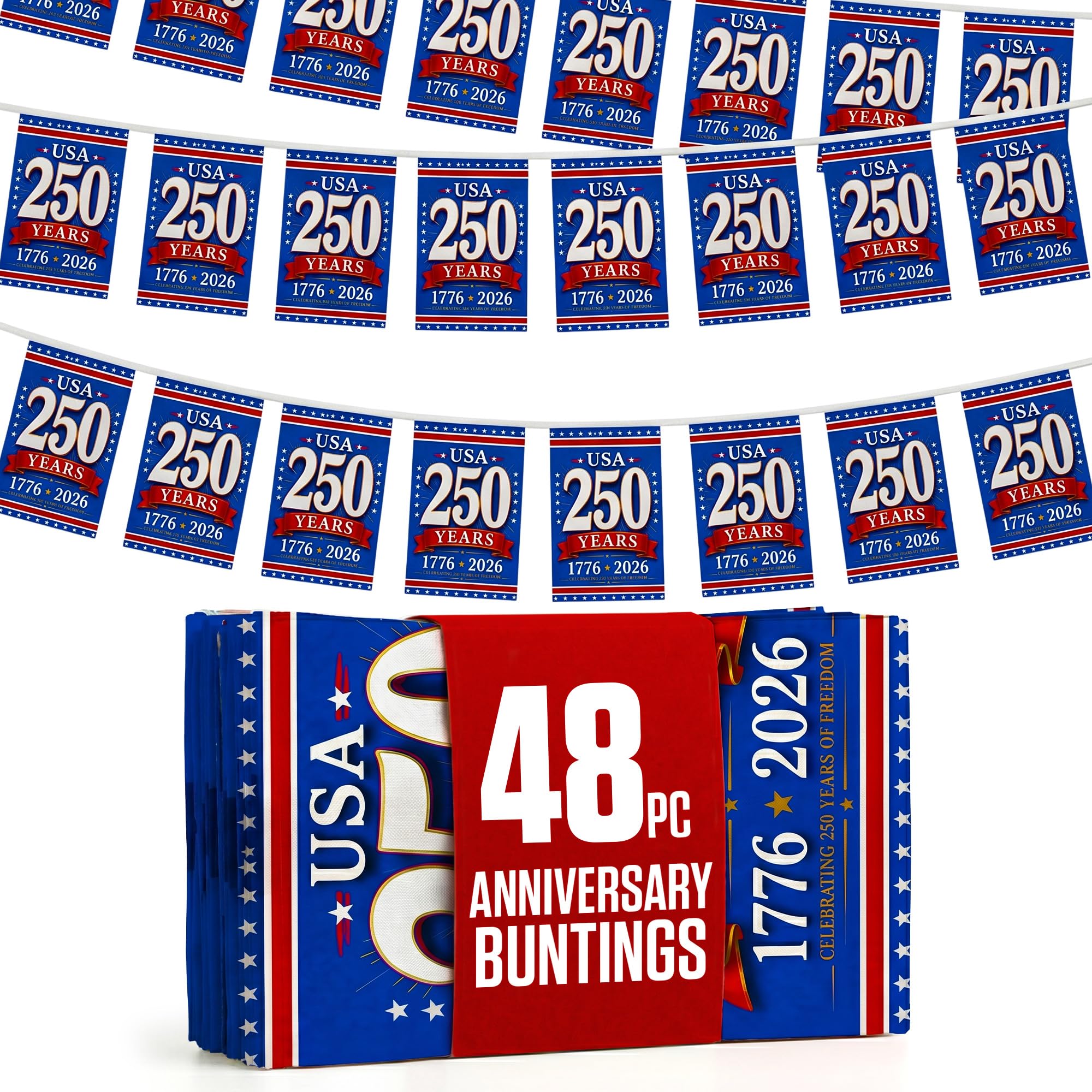 USA 250th Anniversary Blue Bunting 48pcs Flag 14x21cm String - 49ft Double-Sided Printed with Polyester Rope - 1776-2026 for 4th of July, Community, parades & Semi-quincentennial Decor