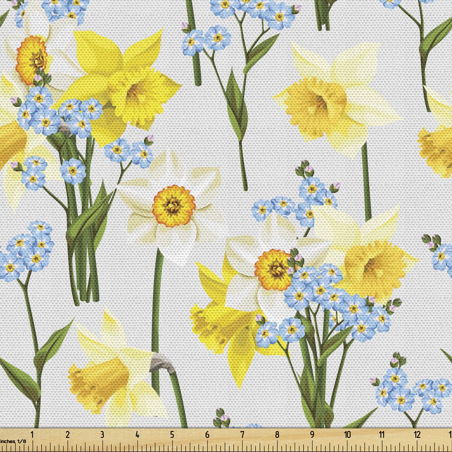 Lunarable Daffodils Fabric by The Yard, Forget Me Not Flowers and Daffodil Blossom Leaf Bouquet Spring Garden, Decorative Fabric for Upholstery and Home Accents, 3 Yards, Blue and Yellow
