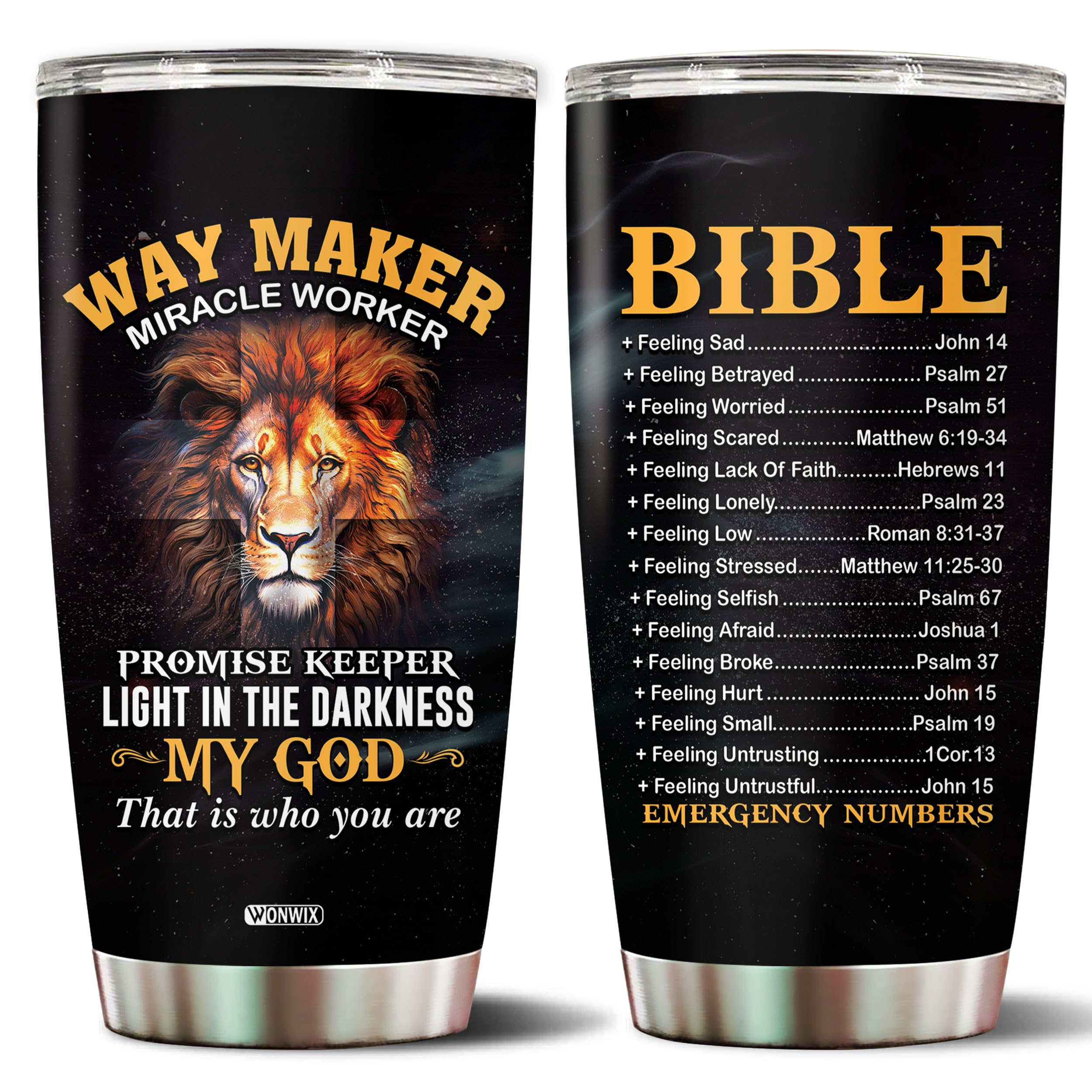 WONWIX Christian Tumbler Gifts for Christians on Christmas Birthday Valentines 20 Oz Stainless Steel Lion Religious Coffee Mug Travel Thermos Cup Gift For Men Women Bible Emergency Numbers Mugs