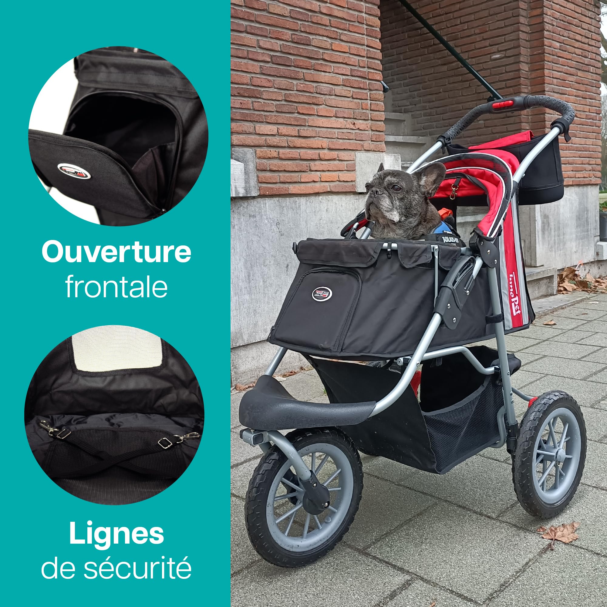 Innopet Comfort Efa Eco Rouge/Noir - Poussette pour chiens et chats pliable d'une seule main, capacité de 25 kg, roues anti-crevaison, panier de rangement et conception à 3 roues facile à installer.