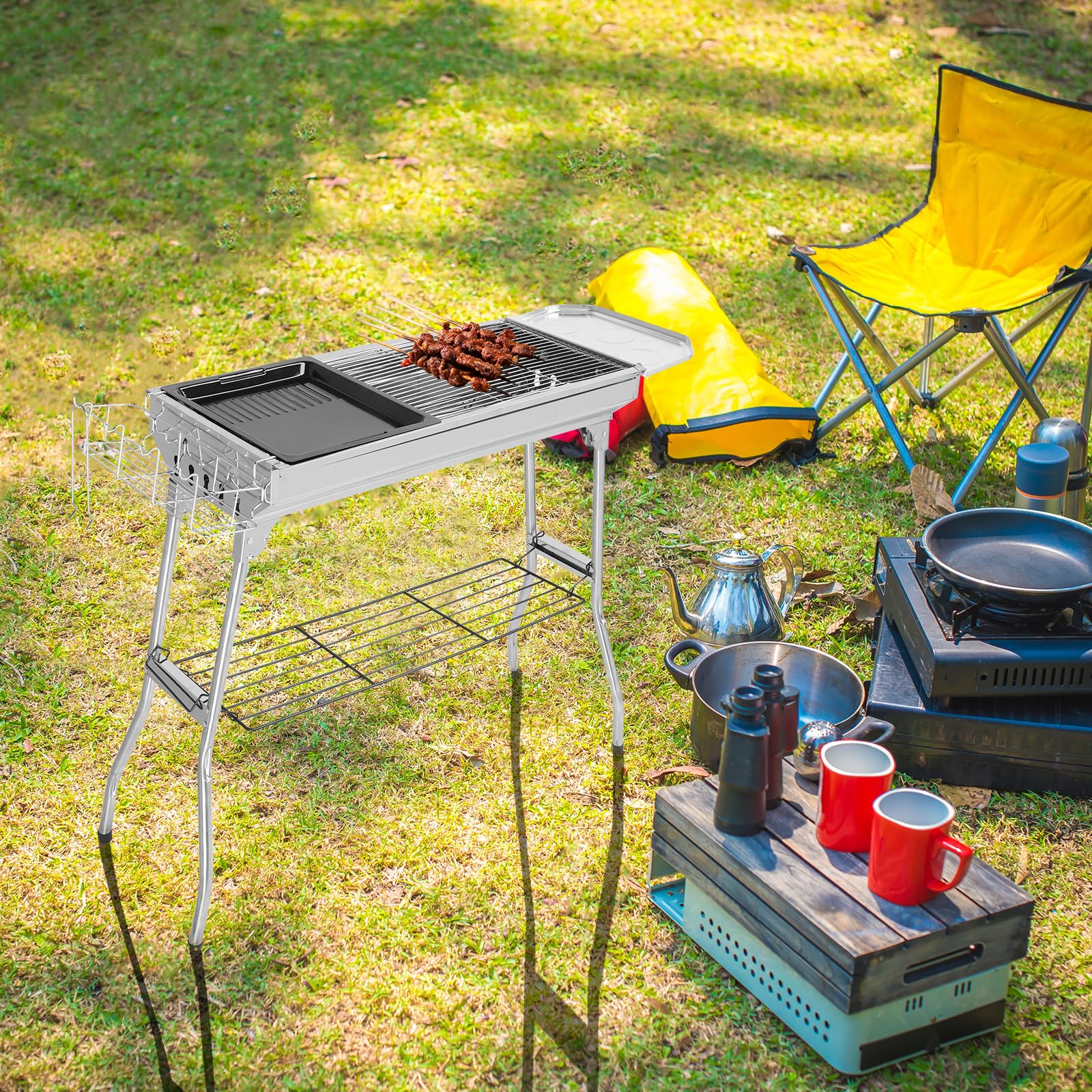 LEADZM Barbacoa de carbón vegetal, acero inoxidable, plegable, 100 x 31 x 71 cm | Barbacoa, exterior, terraza, camping, fiesta de barbacoa, uso para 5-10 personas