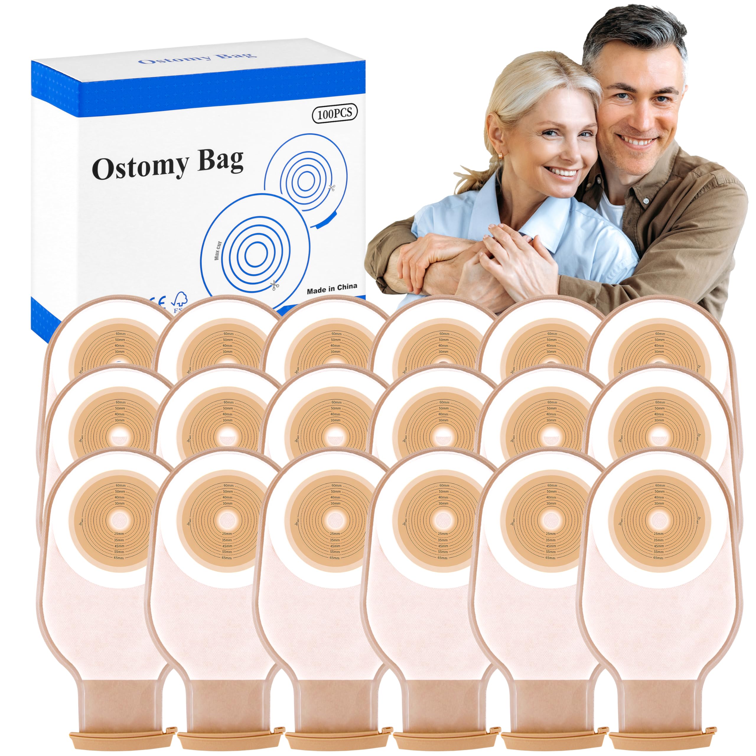 100 Pack Colostomy Bags, 15mm-65mm Ostomy Supplies,One-Piece Ostomy Bag for Lleostomy Stoma Care Cut-to-Fit Drainable Pouches with Closure. 100Pcs