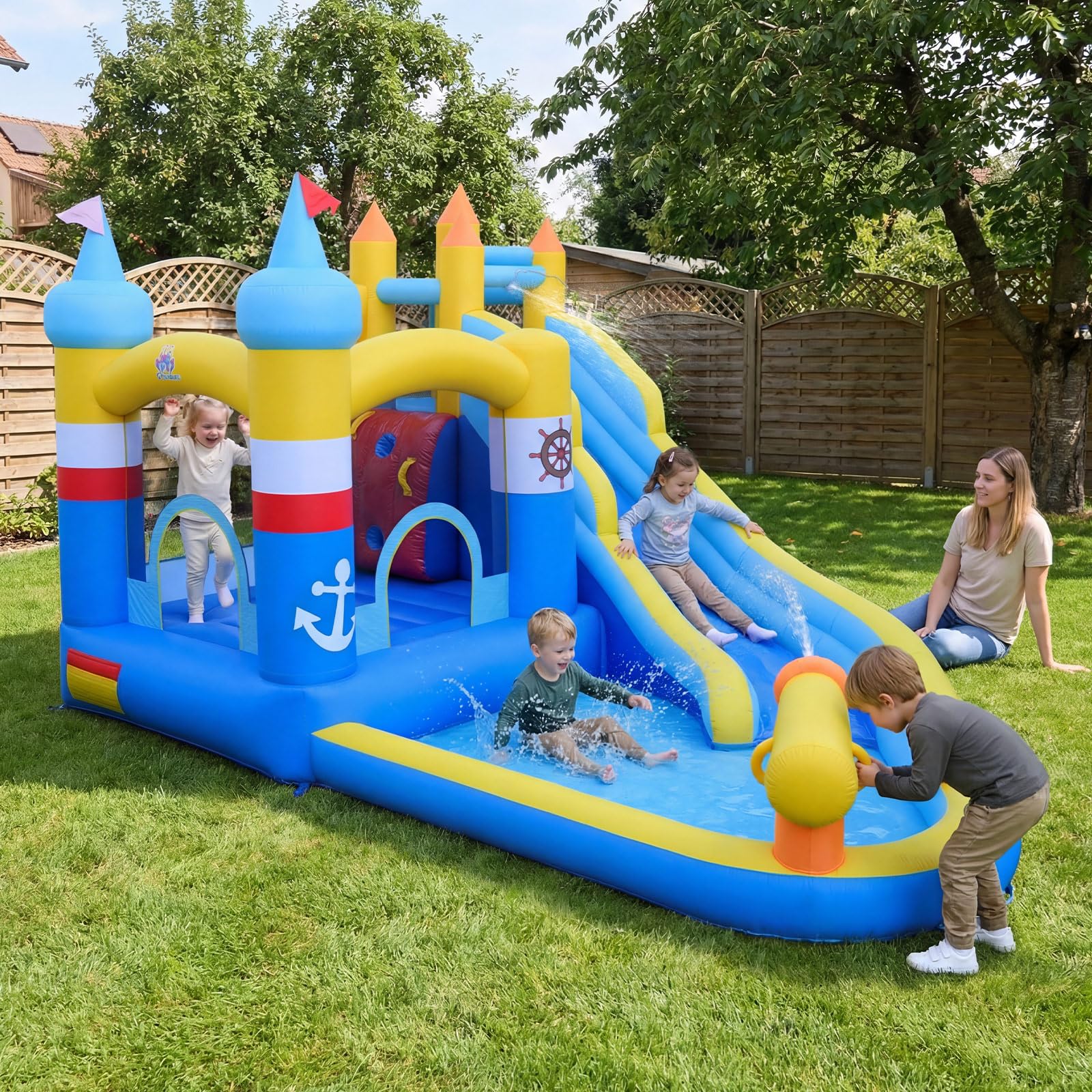 COSTWAY Castello Gonfiabile per Bambini, Casa Gonfiabile con Piscina Splash, Cannone d'Acqua, Area di Rimbalzo, Scivolo Lungo, Parete d'Arrampicata, per Bambini 3-12 Anni (Senza Soffiatore)