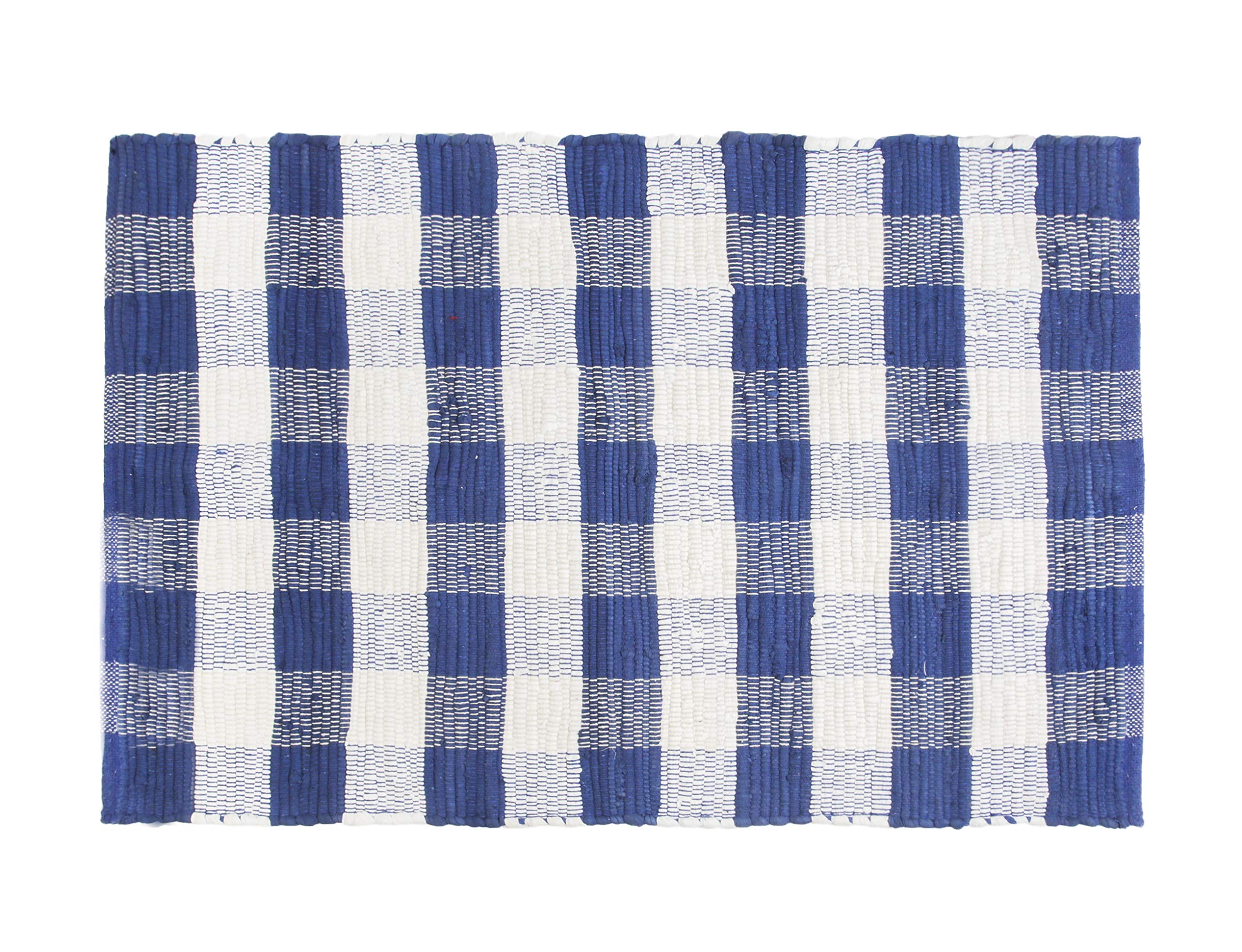 GLAMBURG Cotton Buffalo Check Plaid Rugs Washable, Handwoven Checkered Rug Welcome Door Mat 22x34 Rug for Kitchen Bathroom Outdoor Porch Laundry Living Room, Farmhouse Reversible Rag Rug Blue White