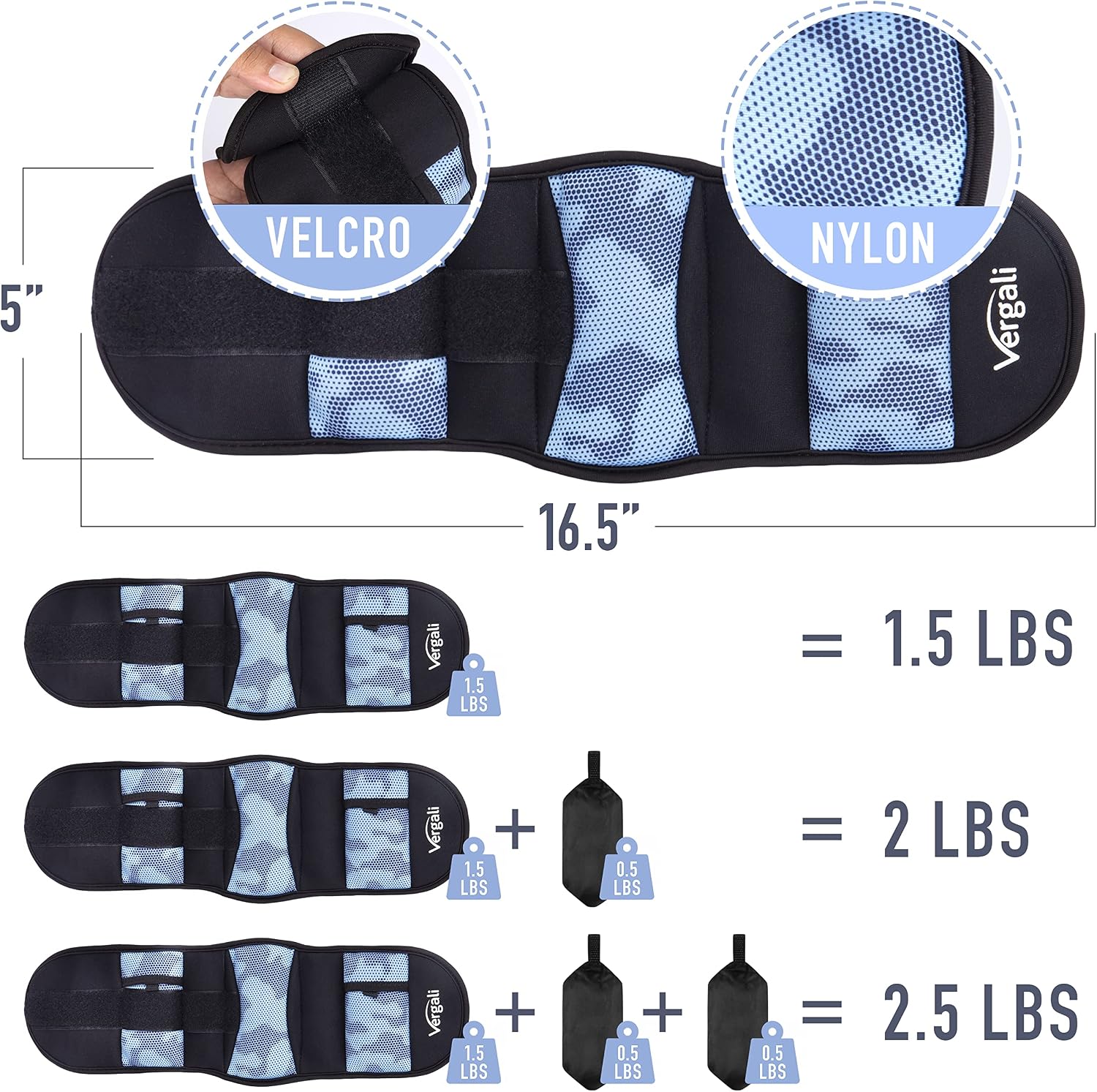 Vergali Ankle Weights for Women and Men. Adjustable, Comfy 5 lb Pair of Leg Wrist Arm Weights (2.5 Pounds Each). Great for Workouts at Home, Gym, Strength Training, Physical Therapy, Fitness, Walking