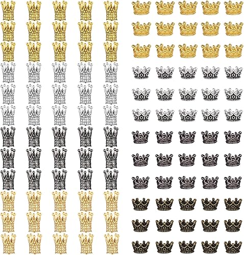 120 piezas de dije de corona King para hacer pulseras de joyería, cuentas de corona de oro y plata de color, cuentas espaciadoras de latón a granel,