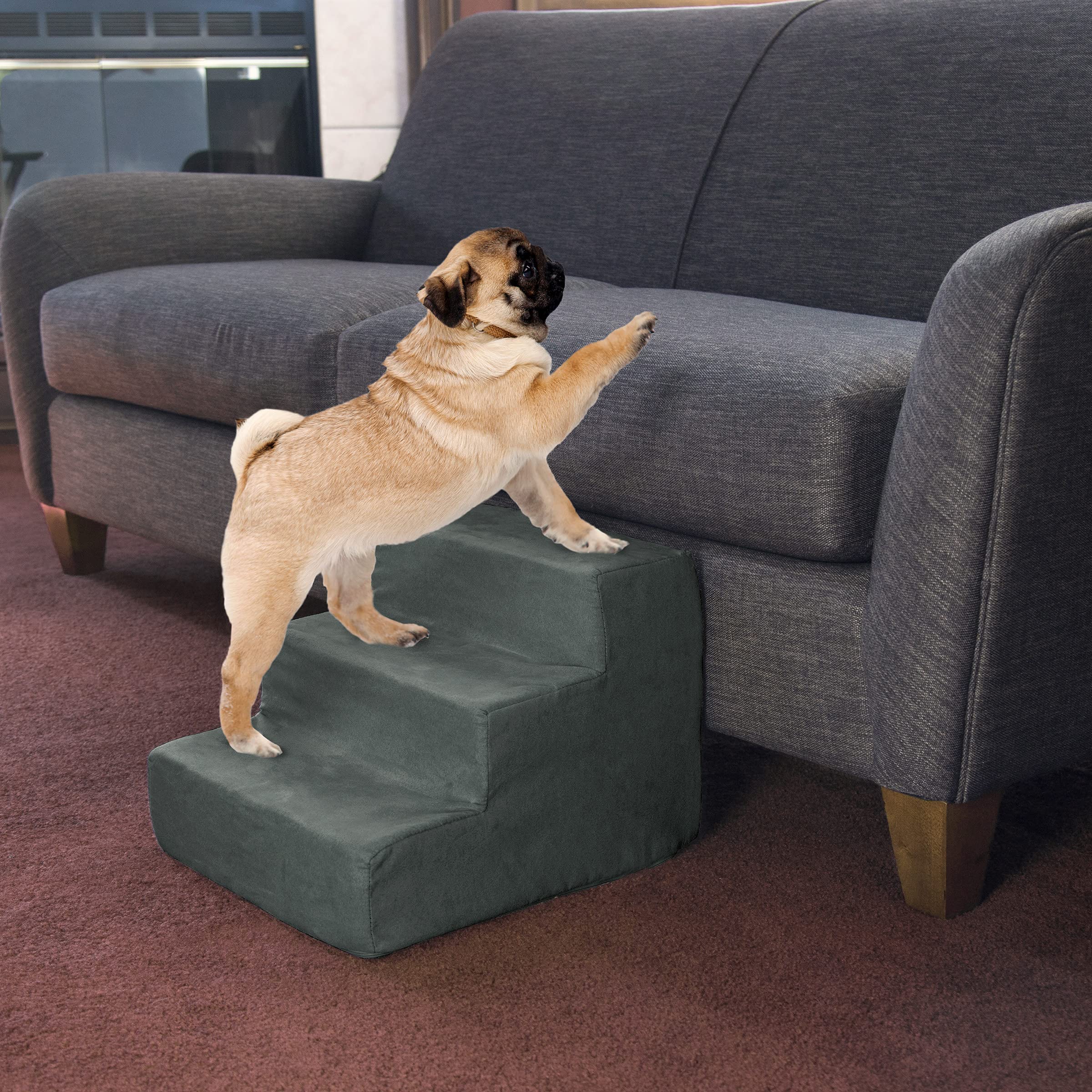 Pet Stairs – Foam Pet Steps for Small Dogs or Cats, 3 Step Design, Removable Cover – Non-Slip Dog Stairs for Home and Vehicle by PETMAKER (Gray)