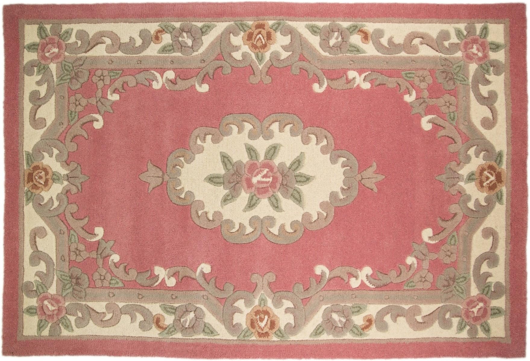 Flair Rugs Lotus Premium Aubusson Traditional 100% Wool Round Rug, Pink, 120 Cm