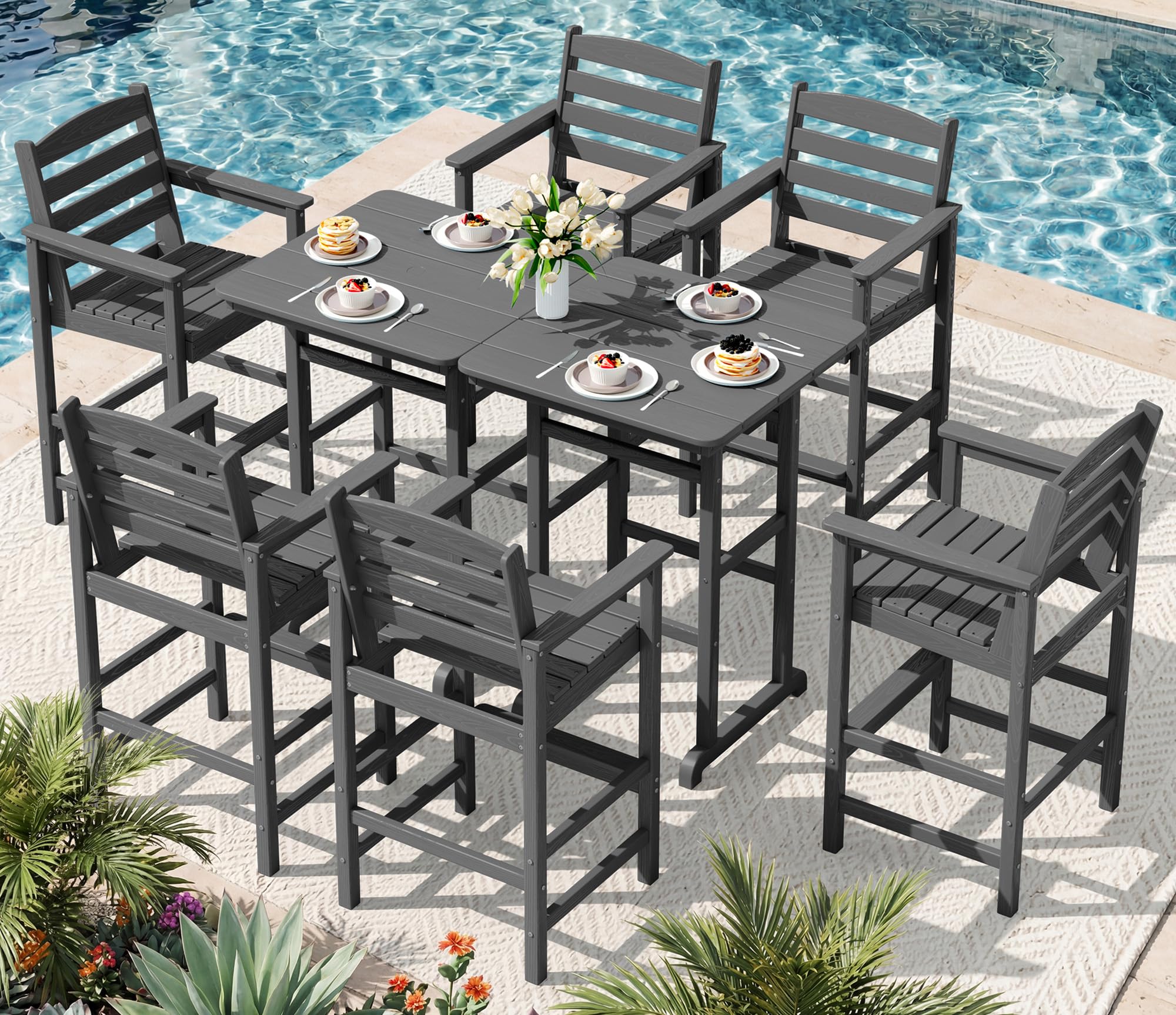 SERWALL 8 Pcs HDPE Bar Height Adirondack Chairs and Bar Table Set, Grey