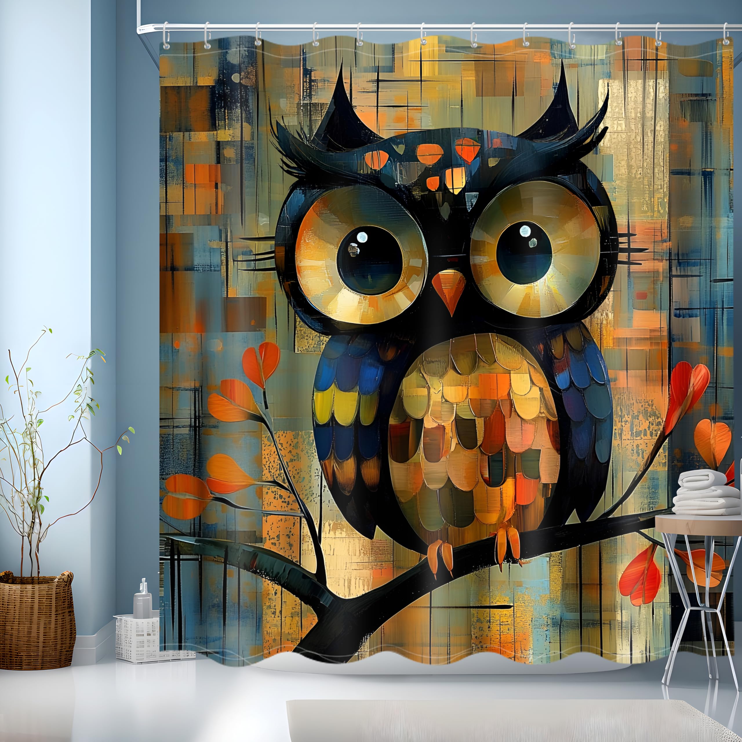Cortina Ducha 180x200 cm,Cortina de Ducha Impermeable Poliéster Lavable con 12 x Ganchos, Cortinas de Baño con Dobladillo Ponderado,Búho