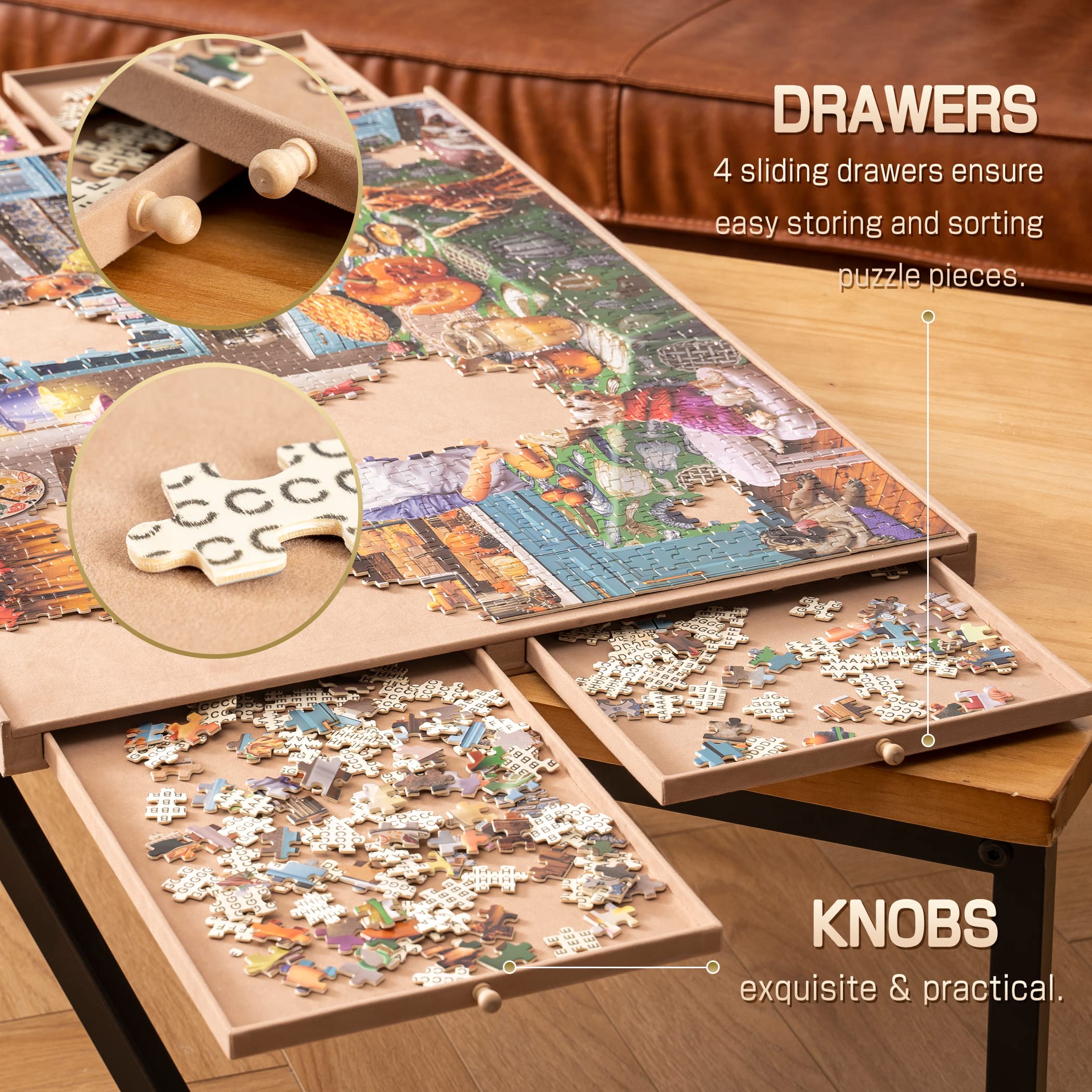 Tektalk Tavolo Da Puzzle Portatile Con Barra In Pelle E 4 Cassetti - Fino A 1500 Pezzi, Supporto Regolabile E Copertura Antipolvere In PP, Legno Pino - 4