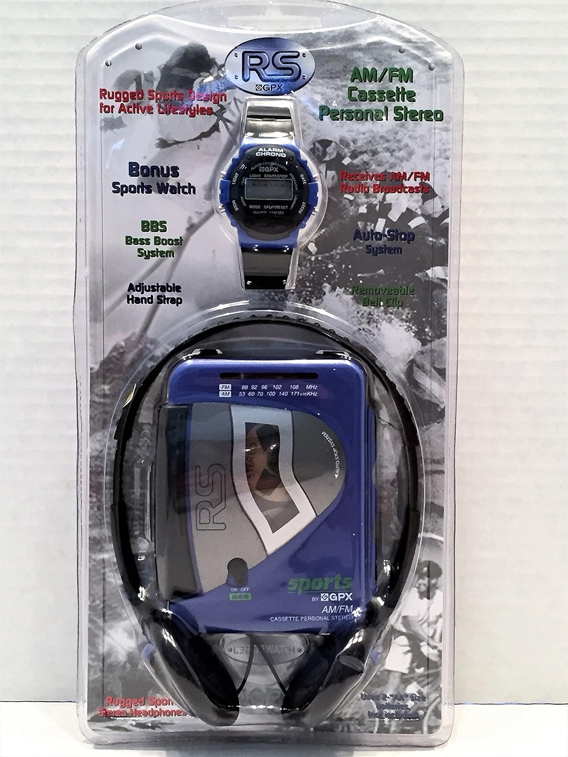 GPX C3204RS Rugged Sports AM/FM Cassette Player in retail packaging, showing the player, headphones, and bonus sports watch.