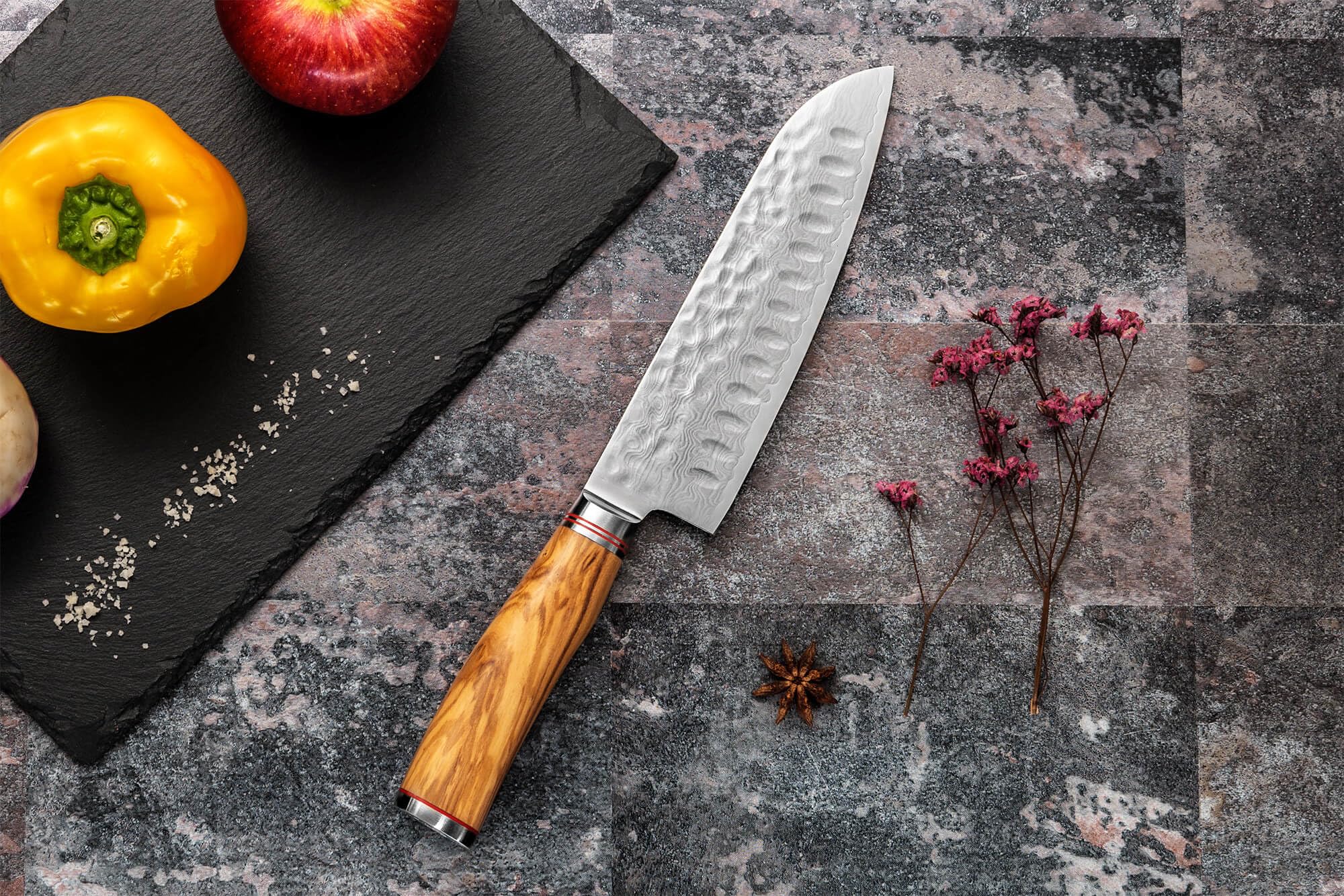 Wusaki - Couteau Santoku Lame Damas 17cm acier inoxydable 10Cr Manche Olivier avec coffret cadeau