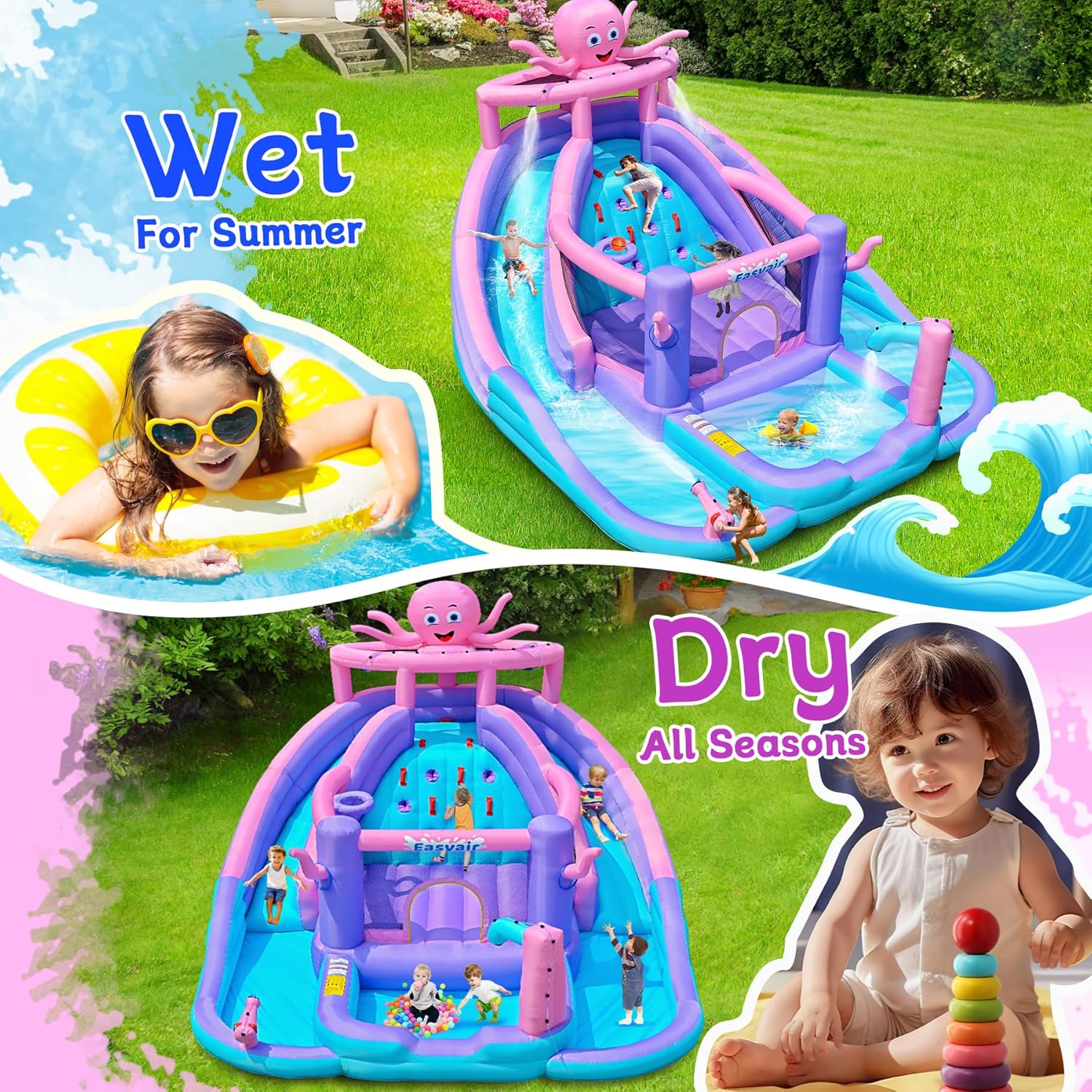 Inflatable Bounce House Water Slide Combo, Blow Up Water Slides for Backyard, Kids Jumper with Climbing Wall, Basketball Hoop, Splash Pool with Blower