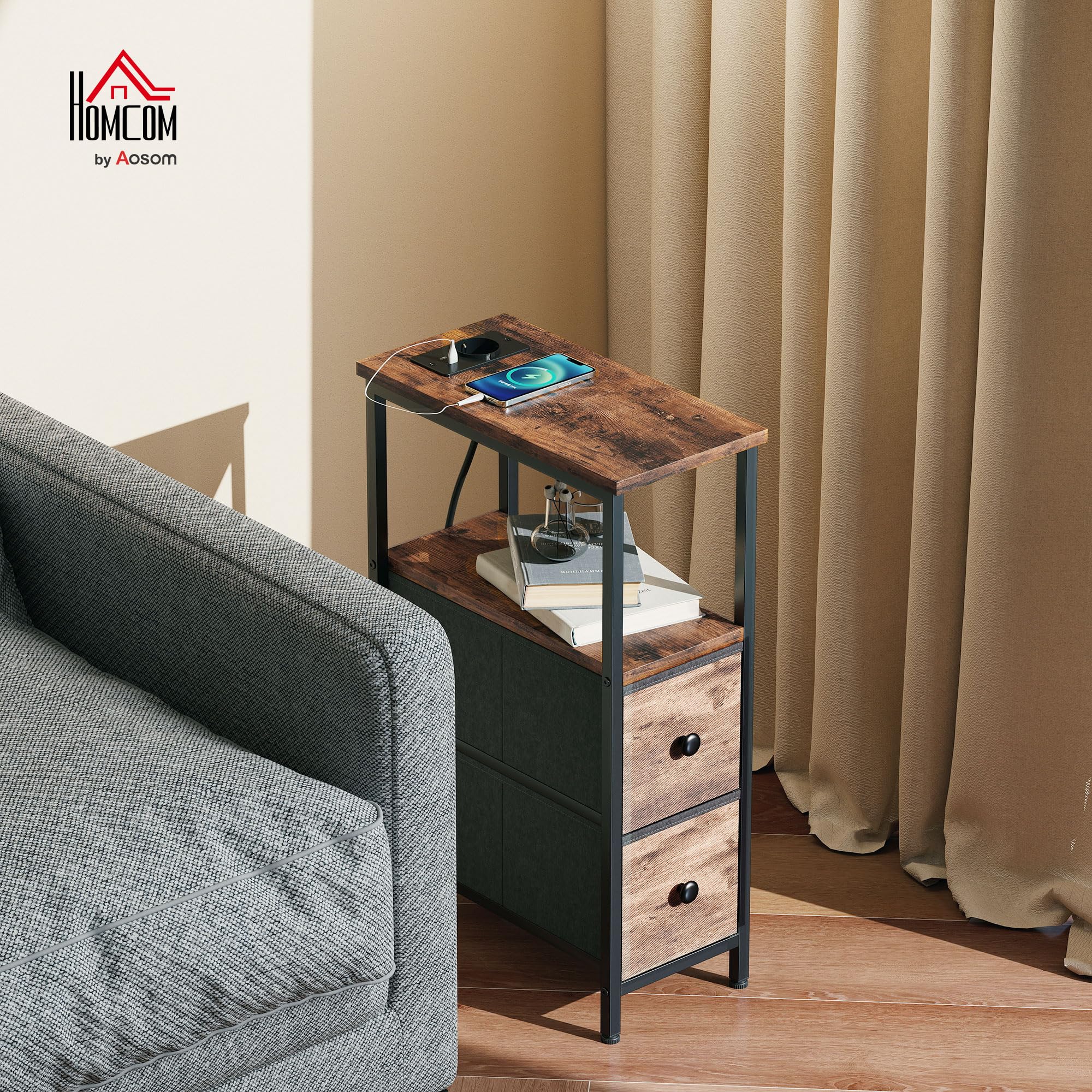 HOMCOM Table d'Appoint avec Station de Charge Étagère Ouverte Brun Rustique