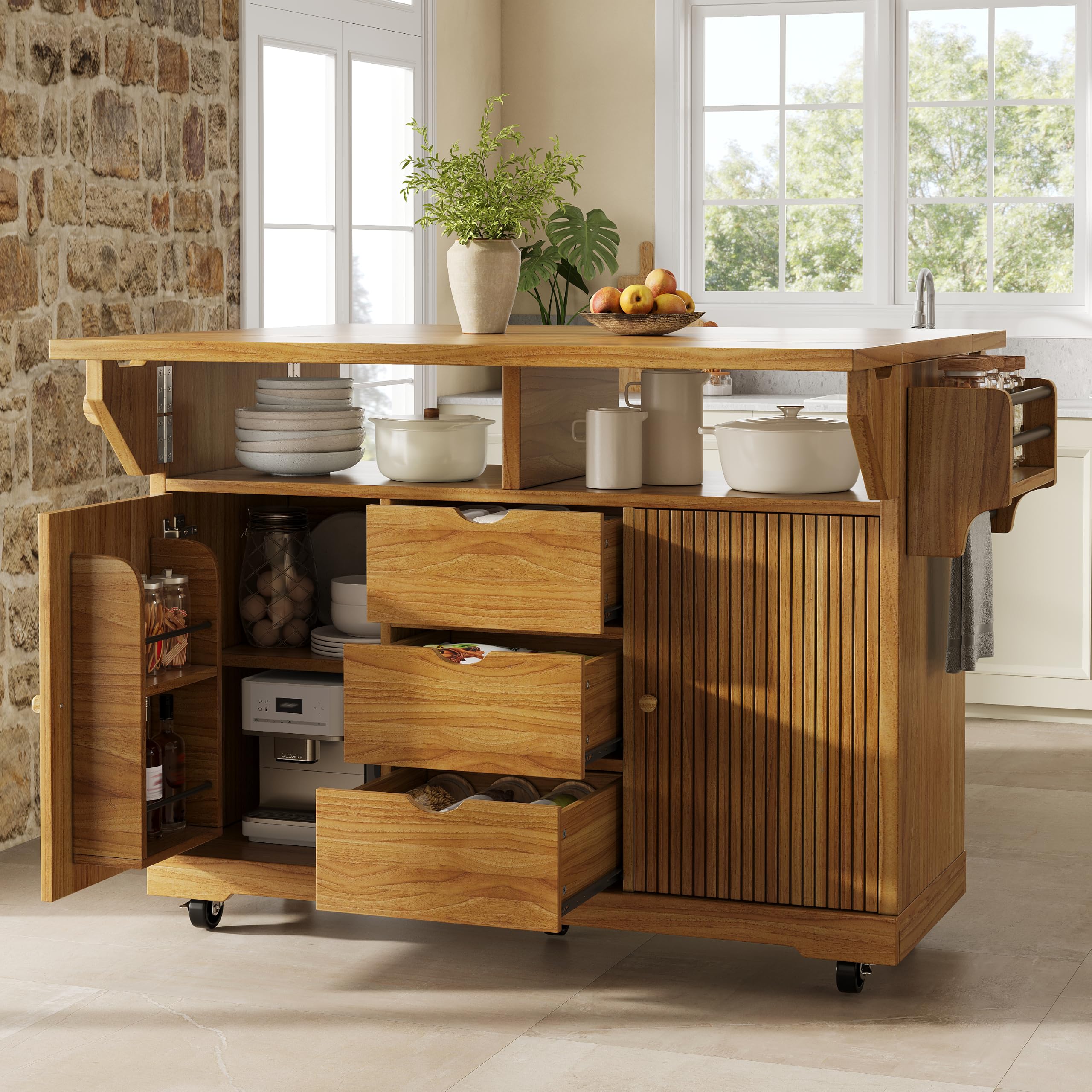 SUKY Carrito de servir con extensión de mesa plegable, 95 cm de altura ergonómica, cajones, encimera, ruedas con bloqueo, color marrón oscuro