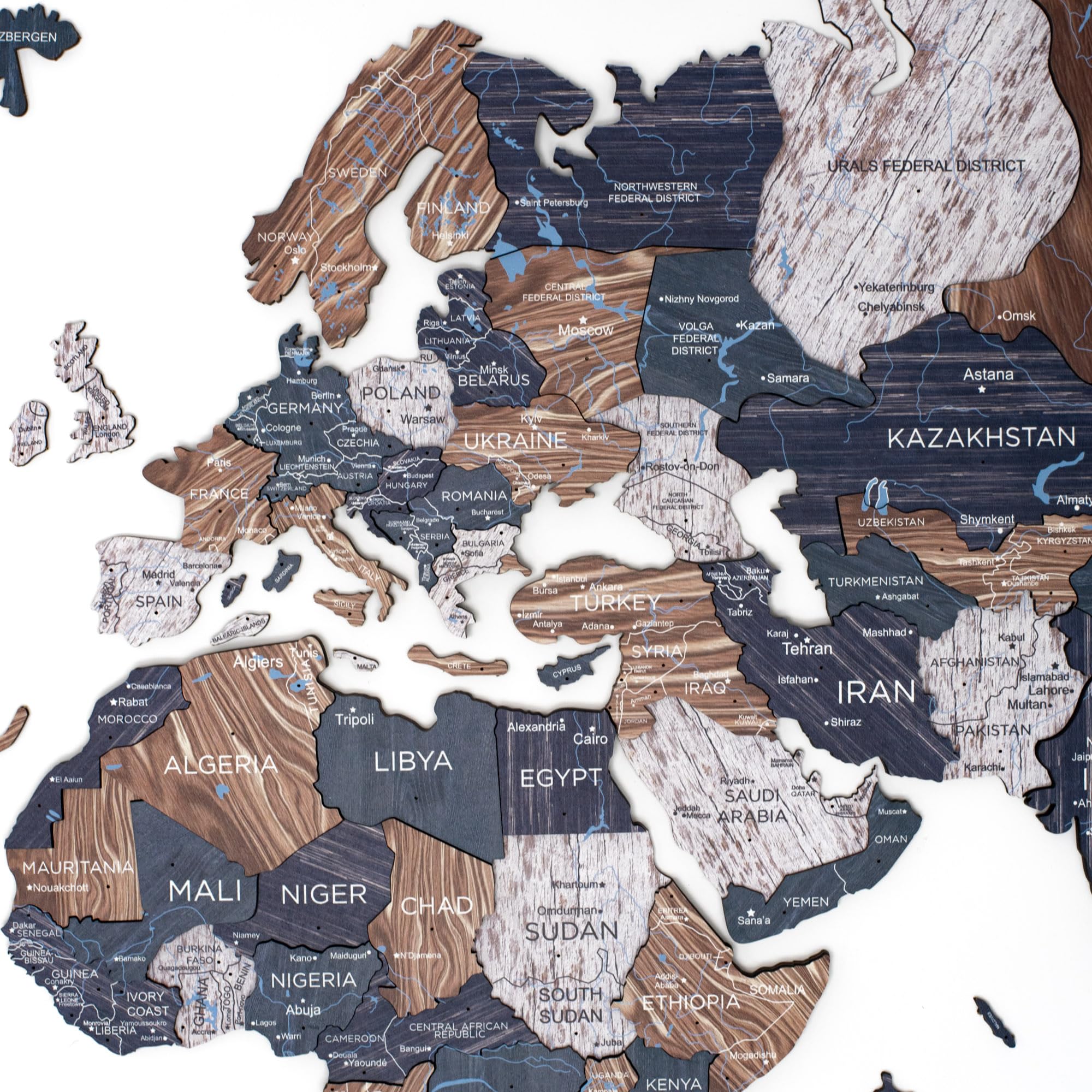 Enjoy The Wood Mapa del Mundo de Madera a Color con Ríos y Lagos - Arte de Pared 3D Decoración del Hogar - Mapa de Viajes de Madera en Todos los Tamaños - Idea de Regalo (L, Mystery)