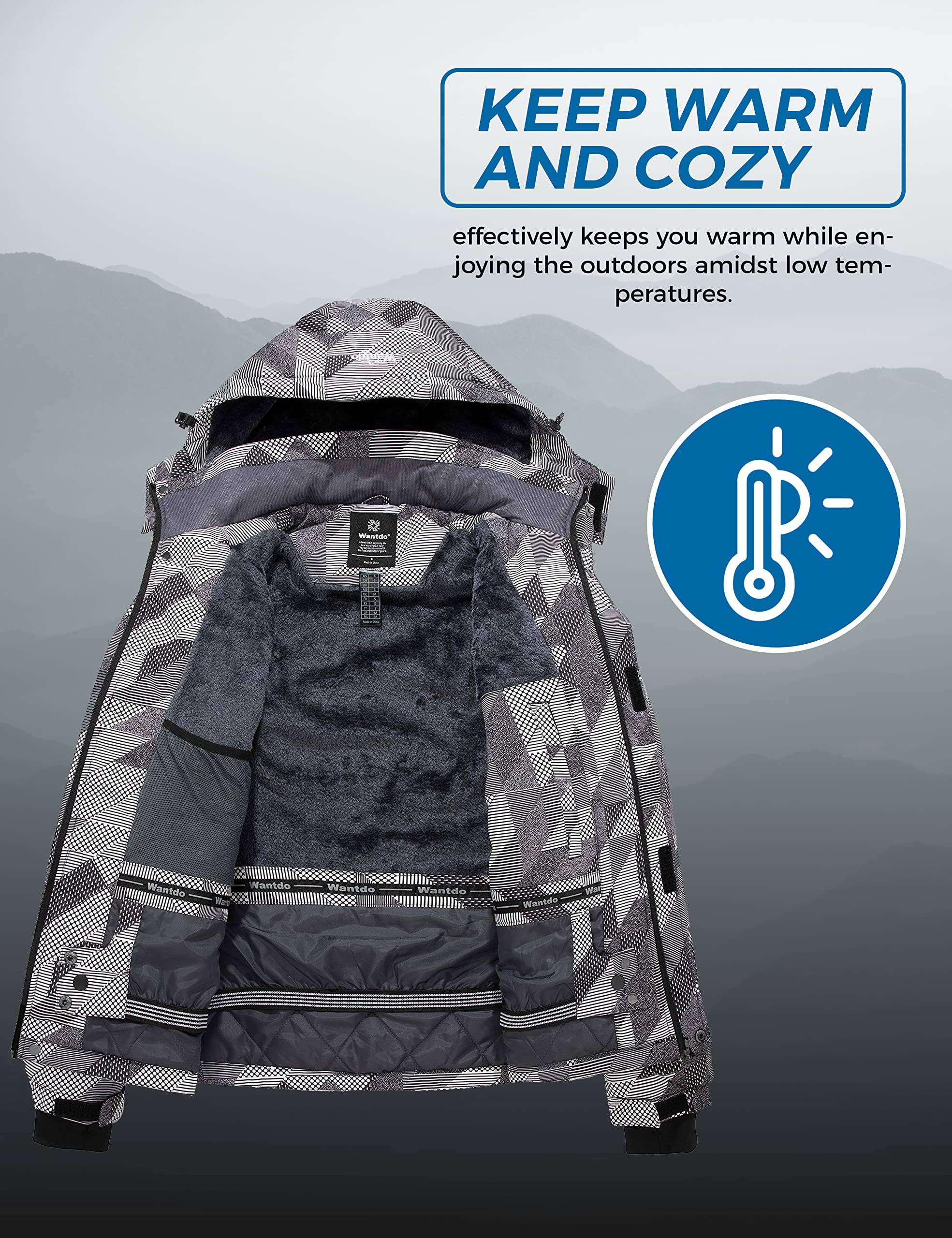 Wantdo Giacca da Sci Montagna Calda Invernale Parka da Neve Imbottita Cappotto da Snowboard in Pile Giubbotto con Cappuccio Impermeabile Uomo