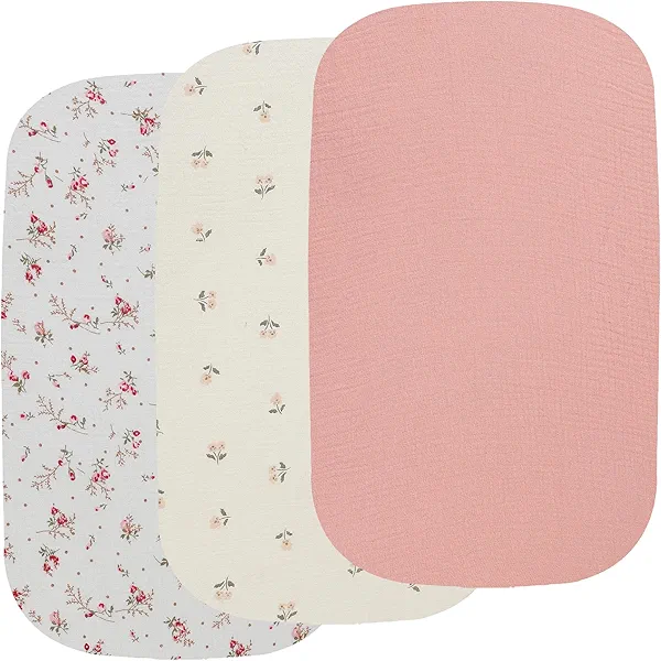 Onacosht Muslin Bassinet Sheets 3 Pack, 100% Cotton Baby Sheet 35" X 20" Compatiable with AMKE 3 in 1 Bassinets, MiClassic, Uiuwoo, Foalom, YADAQE, Milliard and TCBunny Bassinet, Pink and Floral