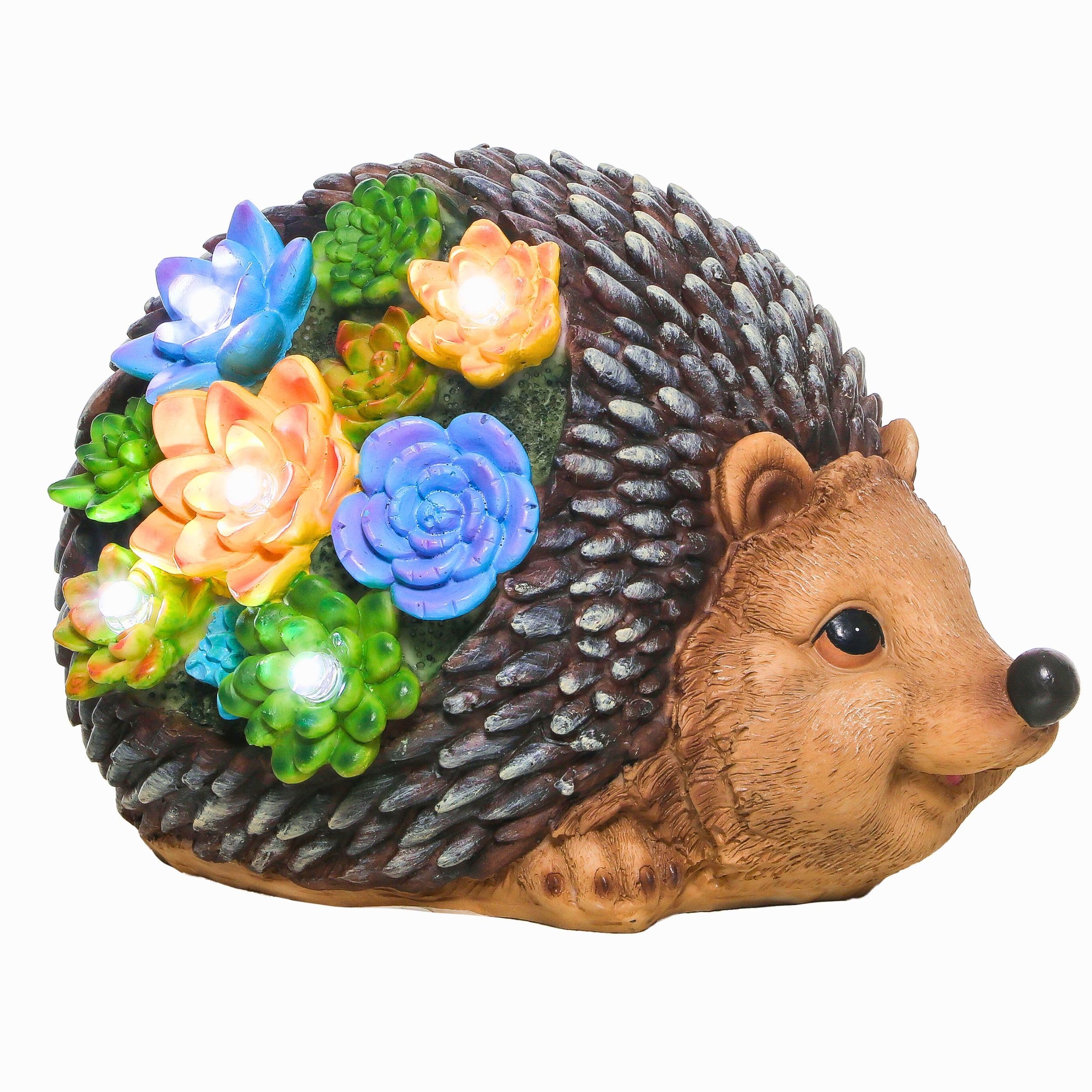 TERESA'S COLLECTIONS Garden Ornaments Outdoor, Hedgehog Gifts with Solar Lights Flower,Waterproof Resin Hedgehog Ornaments, Indoor Outdoor 21CM