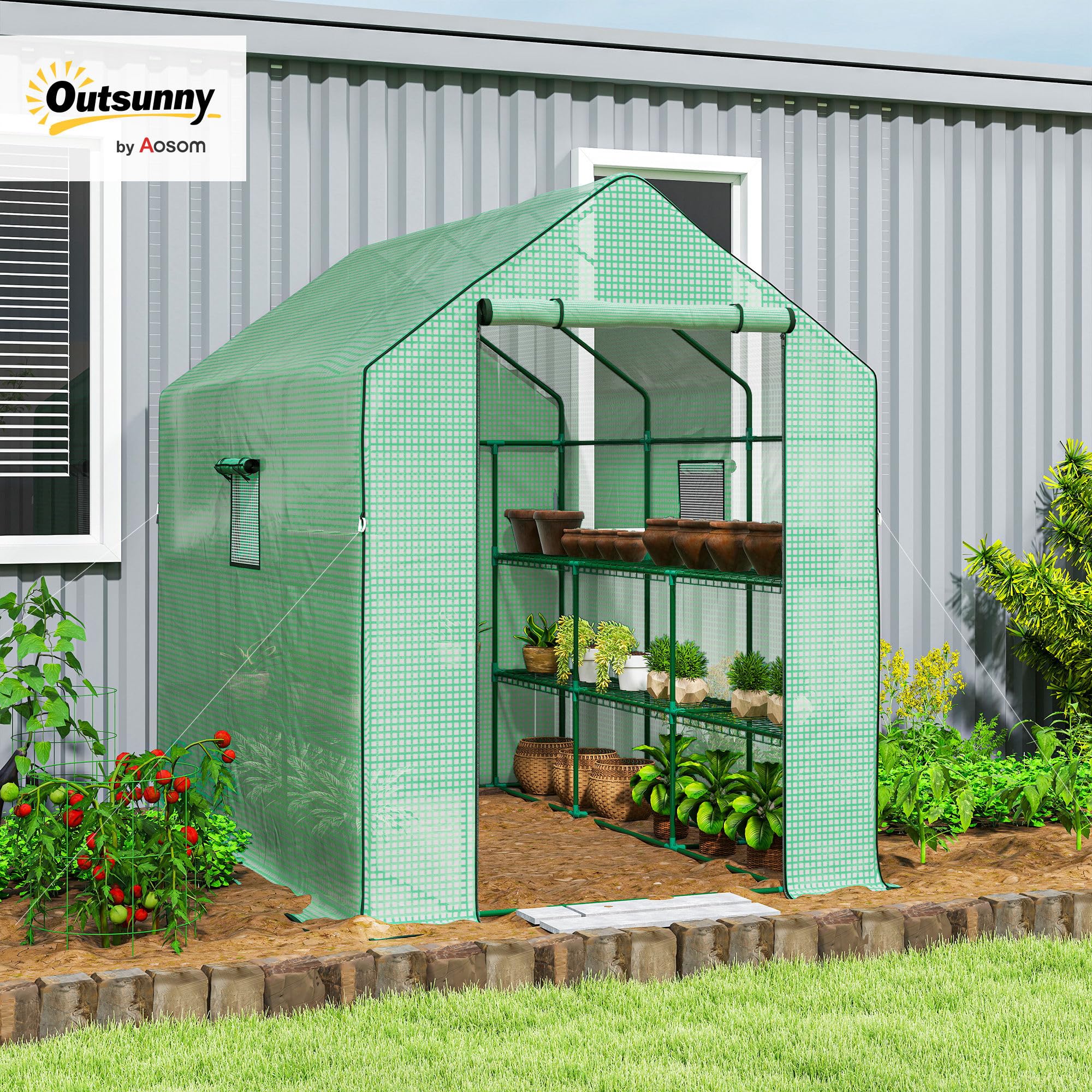 Outsunny Serre avec accès 3 Niveaux 12 étagères 140 x 213 x 190 cm Vert