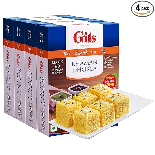 Gits Instant Khaman Dhokla Snack Mix, Makes 60 per Pack, Pure Veg, Indian Snack Mix, 2000g (Pack of 4, 500g Each)