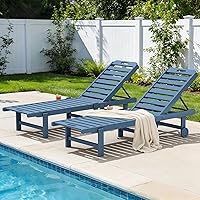 SERWALL Outdoor Chaise Lounge Set of 2 - All-Weather HDPE Pool Loungers with 5-Position Recline, Wheels, Cup Holder, Blue