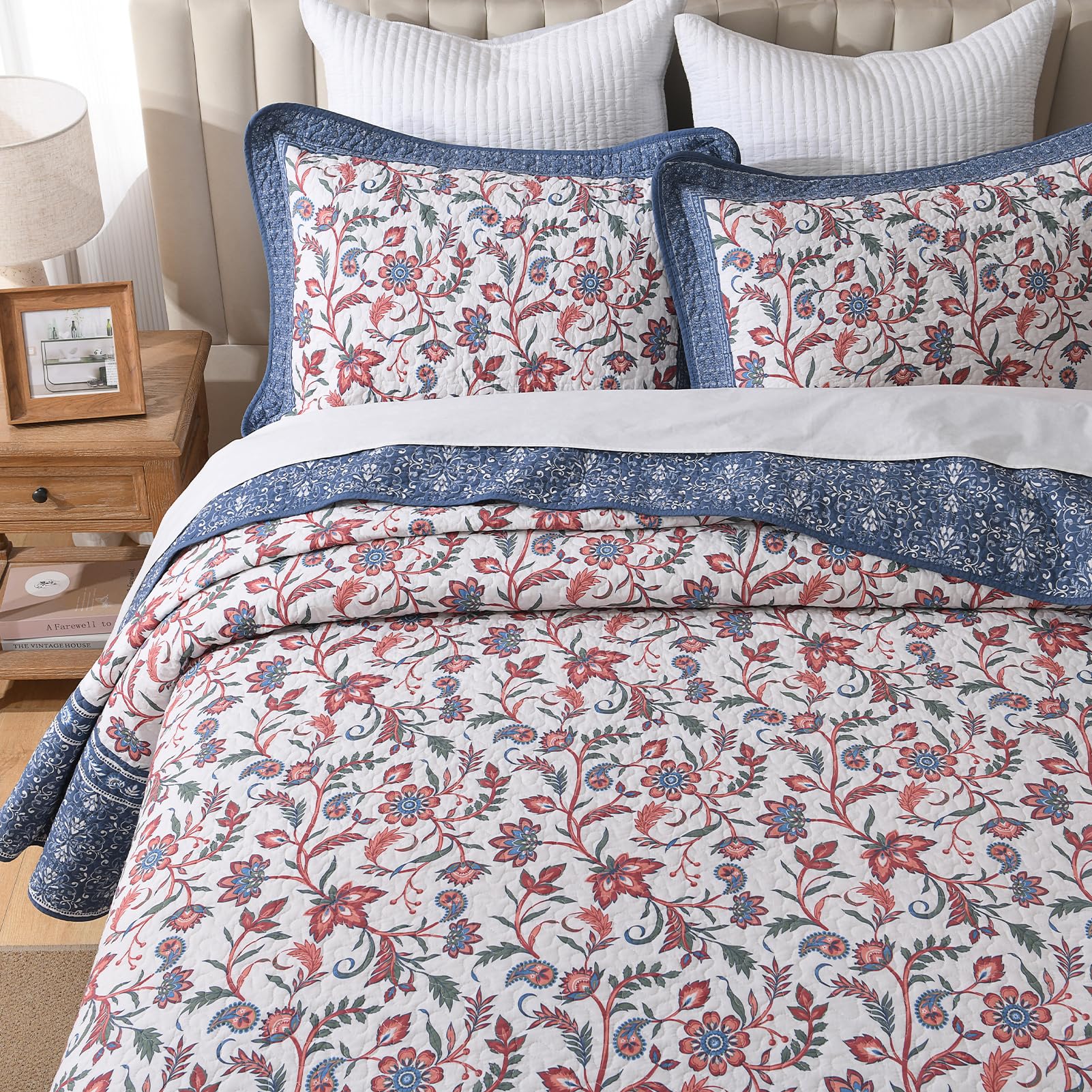 Photo 1 of QuiltEase Oversized King Bedspread 120"Lx128"W Extra Wide - 100% Cotton Lightweight Floral Bed Spread- Real Super Size Coverlet Set - Reversible California King Quilt - Blue/Coral Haze/Red/Green/White