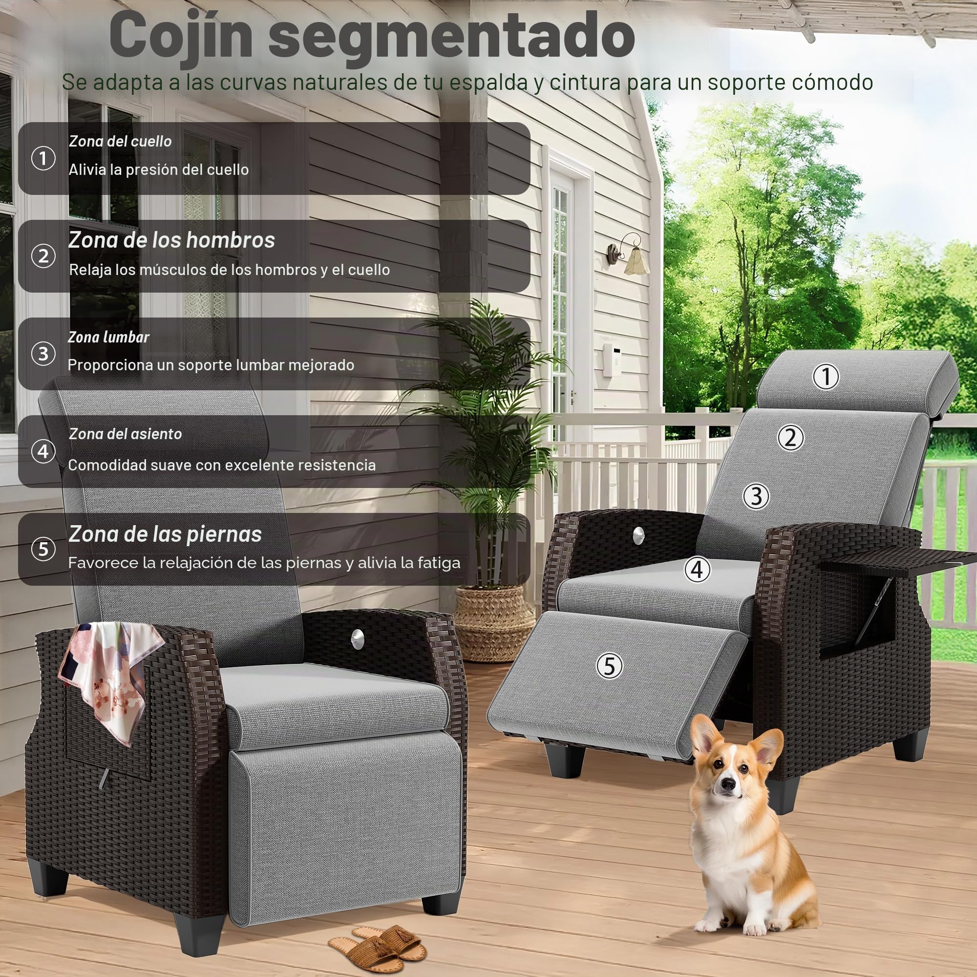 Fiutazge Tumbona de Ratán Respaldo Regulable con Cojín,Funda Protectora,Tumbona de Jardín,Fácil Limpieza Fundas Intercambiables,Silla de jardín,para Patio Terraza-Gris