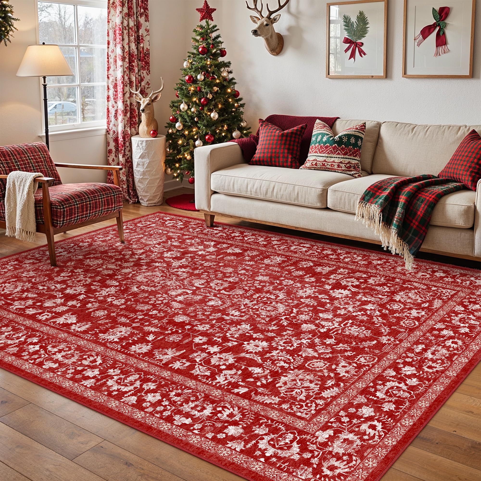 Christmas Area Rug 5x7 Red Washable Living Room Carpet Retro Distressed Floral Holiday Decor Rug Non Slip Soft Decorative Xmas Doormat for Bedroom Office Dining Room Bathroom Kitchen