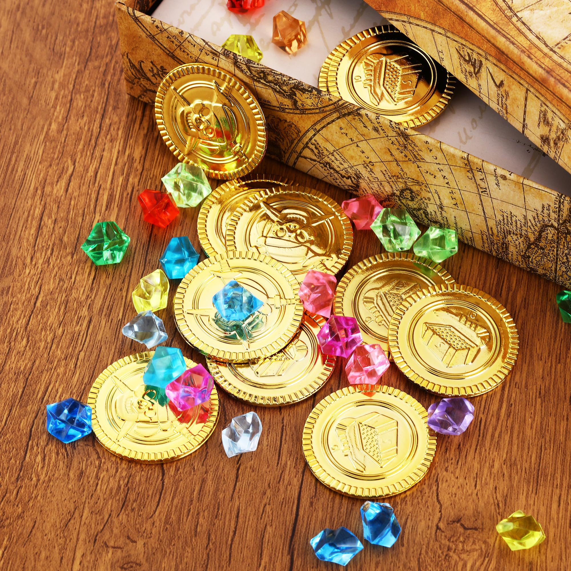 320 Pezzi Tesoro Pirati Giocattolo, 160 Pezzi di Monete d'oro e 160 pezzi di Gemme dei Pirati, Adatti per la Caccia al Tesoro della Festa di Compleanno dei Bambini, Halloween, Regali Decorativi