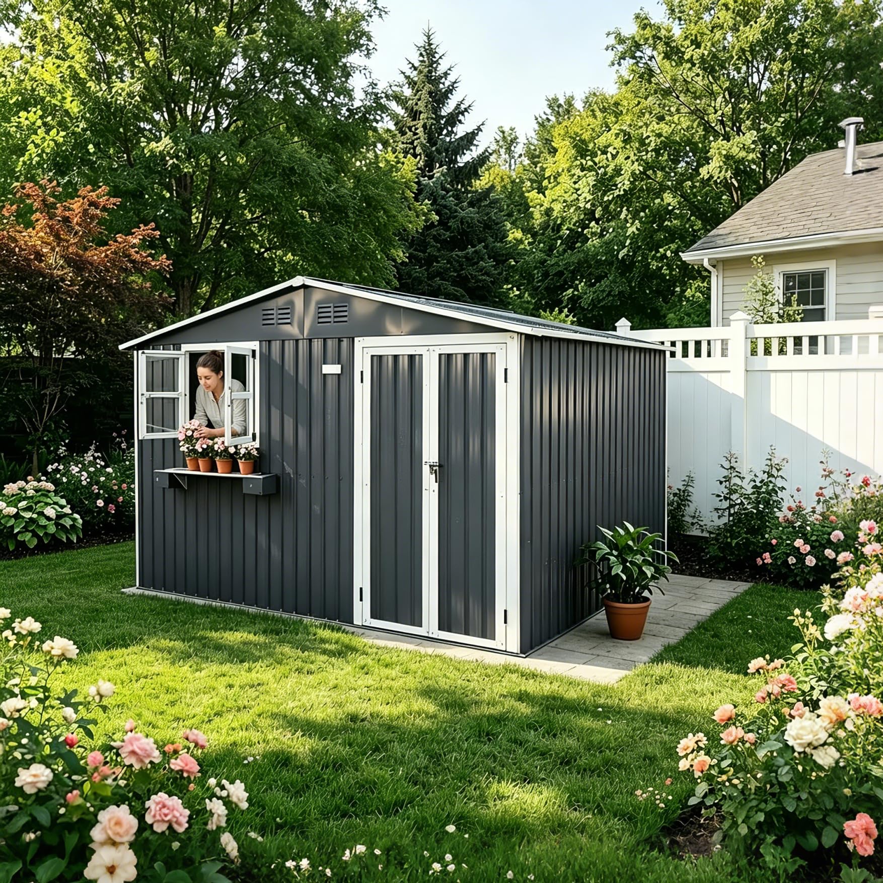 Capanno per attrezzi da esterni, 7,19 m², in acciaio zincato, resistente alle intemperie, con 2 finestre, porta richiudibile e scaffale per fiori, capanno per attrezzi impermeabile per giardino e