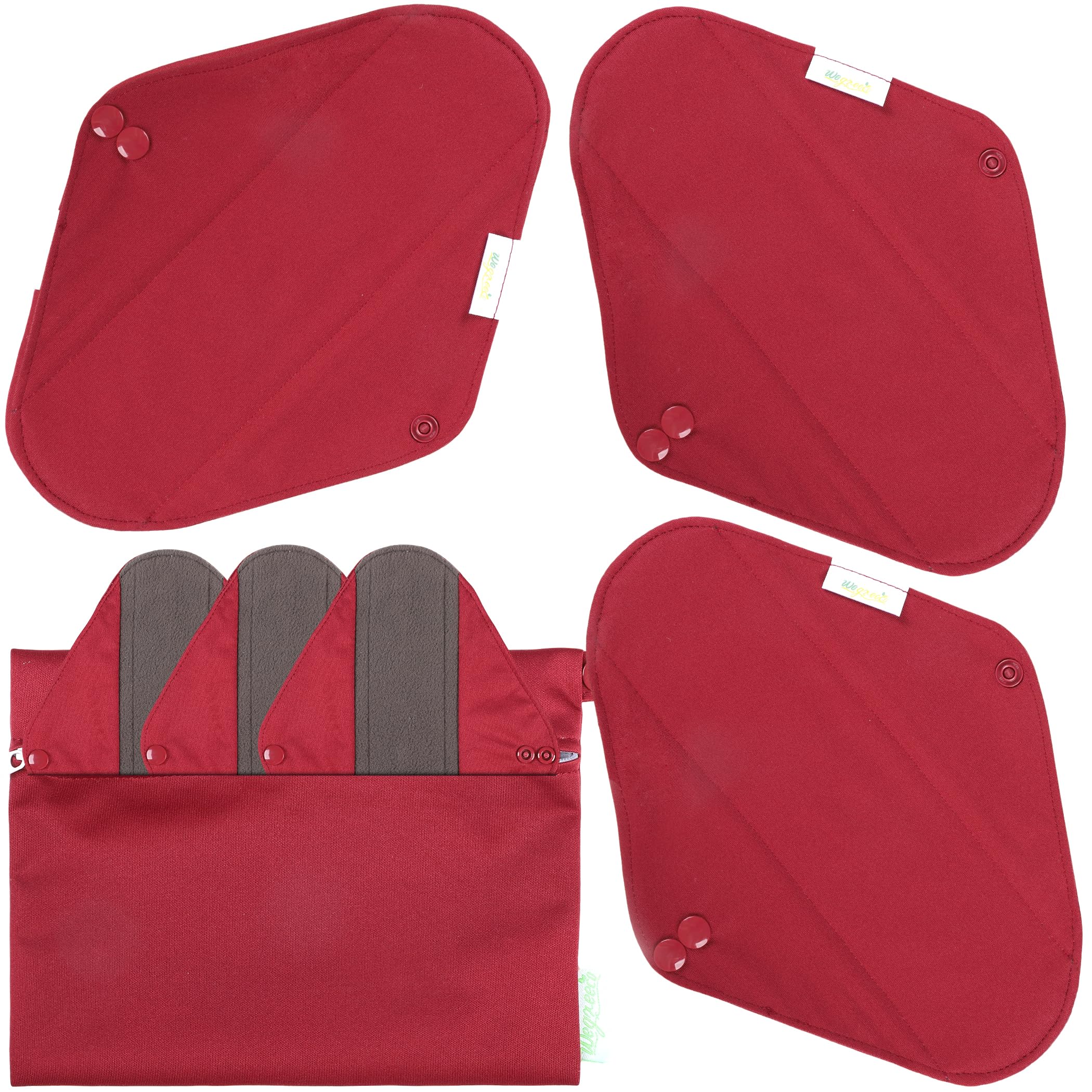 wegreeco Charcoal Reusable Menstrual Pads - Reusable Sanitary Pads | Reusable Panty Liners | Soft Cloth Menstrual - 6 Pack with 1 Cloth Mini Wet Bag (Small, Burgundy)