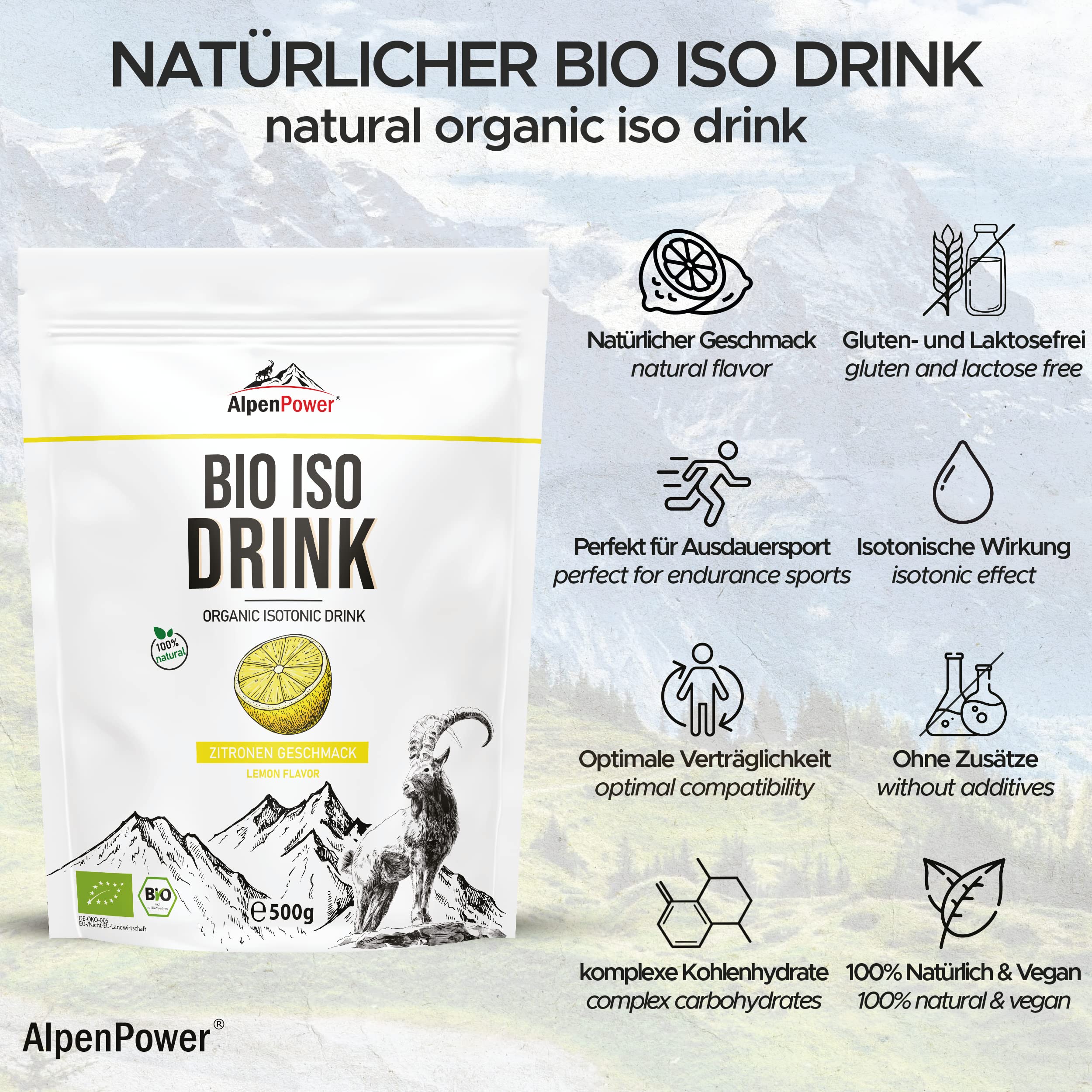 AlpenPower BIO ISO DRINK Pulver- Lemon 500 g - Isotonisches Getränkepulver mit 100% natürlichen Inhaltsstoffen - Ausgezeichnete Verträglichkeit & ohne künstliche Zusätze - Ideal für Ausdauersport