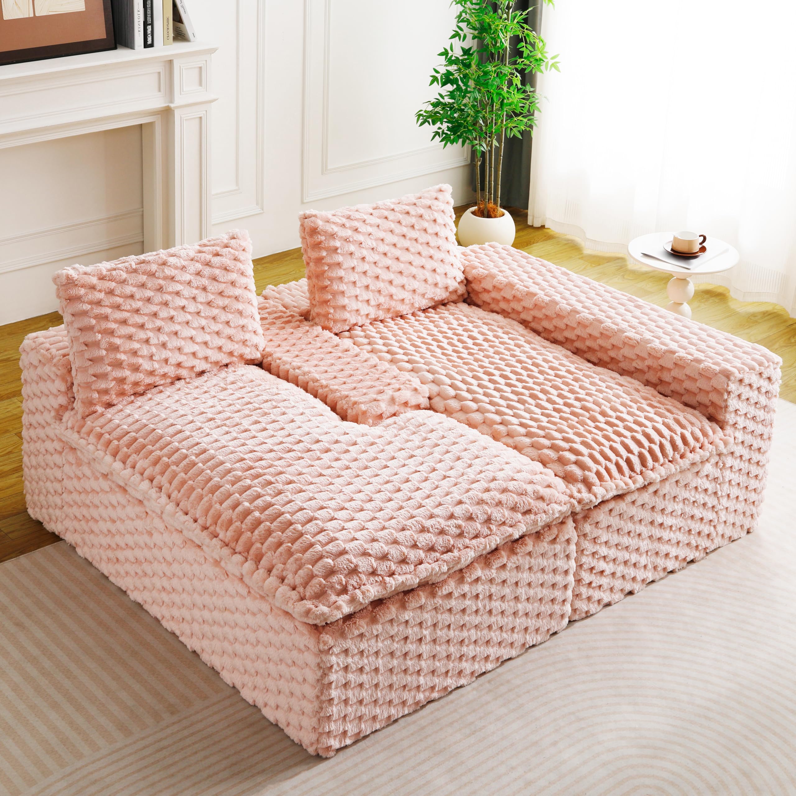 KEIKI 96" Modular Boneless Couches Sectional with Right Chaise for Feminine Living Room, Plush Turtle Velvet Deep Seat Sofa, Pet Friendly Oversized Loveseat for Small Apartment Bedroom Studio, Pink