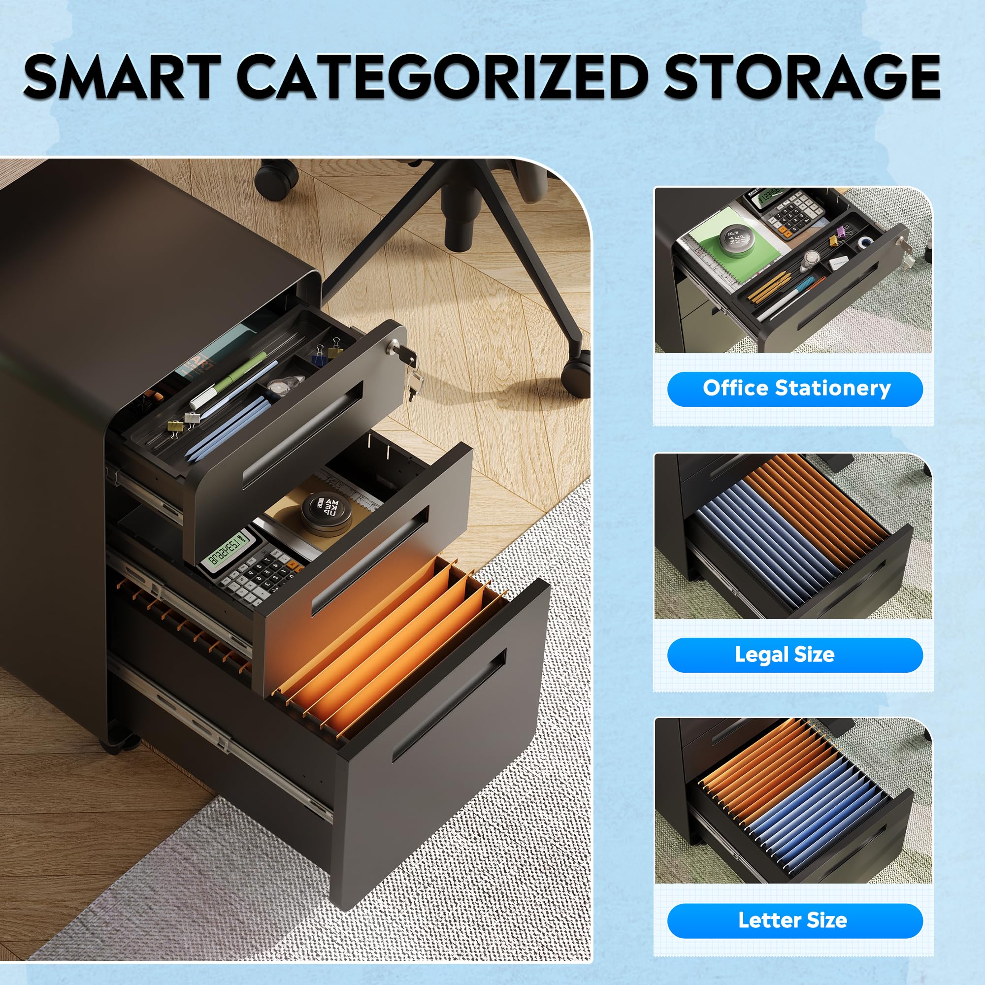 DEVAISE 3-Drawer File Cabinet, Thickened Metal Mobile Filing Cabinet with Lock, Under Desk Cabinet for Home Office, fits A4/Letter/Legal Size, Fully Assembled, 20" D x 15.8" W x 25" H, Black