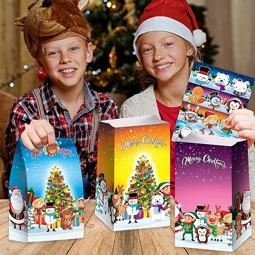 Miniatura 5 de ArtCreativity Bolsas de regalo de Navidad, juego de 24 bolsas de papel y 24 calcomanías, bolsas de dulces de Navidad de 10 pulgadas con calcomanías