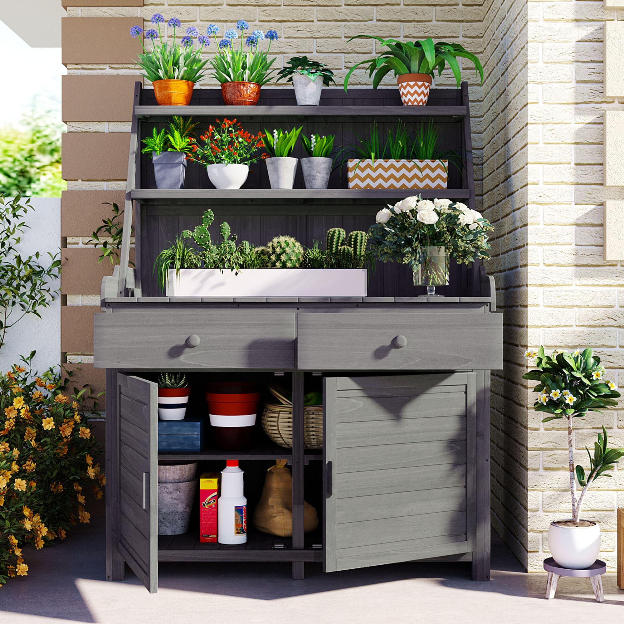 65 Inch Fir Wood Garden Potting Bench Table - Modern Outdoor Workbench with 3 Shelves, 2 Drawers, Cabinet Storage (Grey + Wood Color + Country Style)