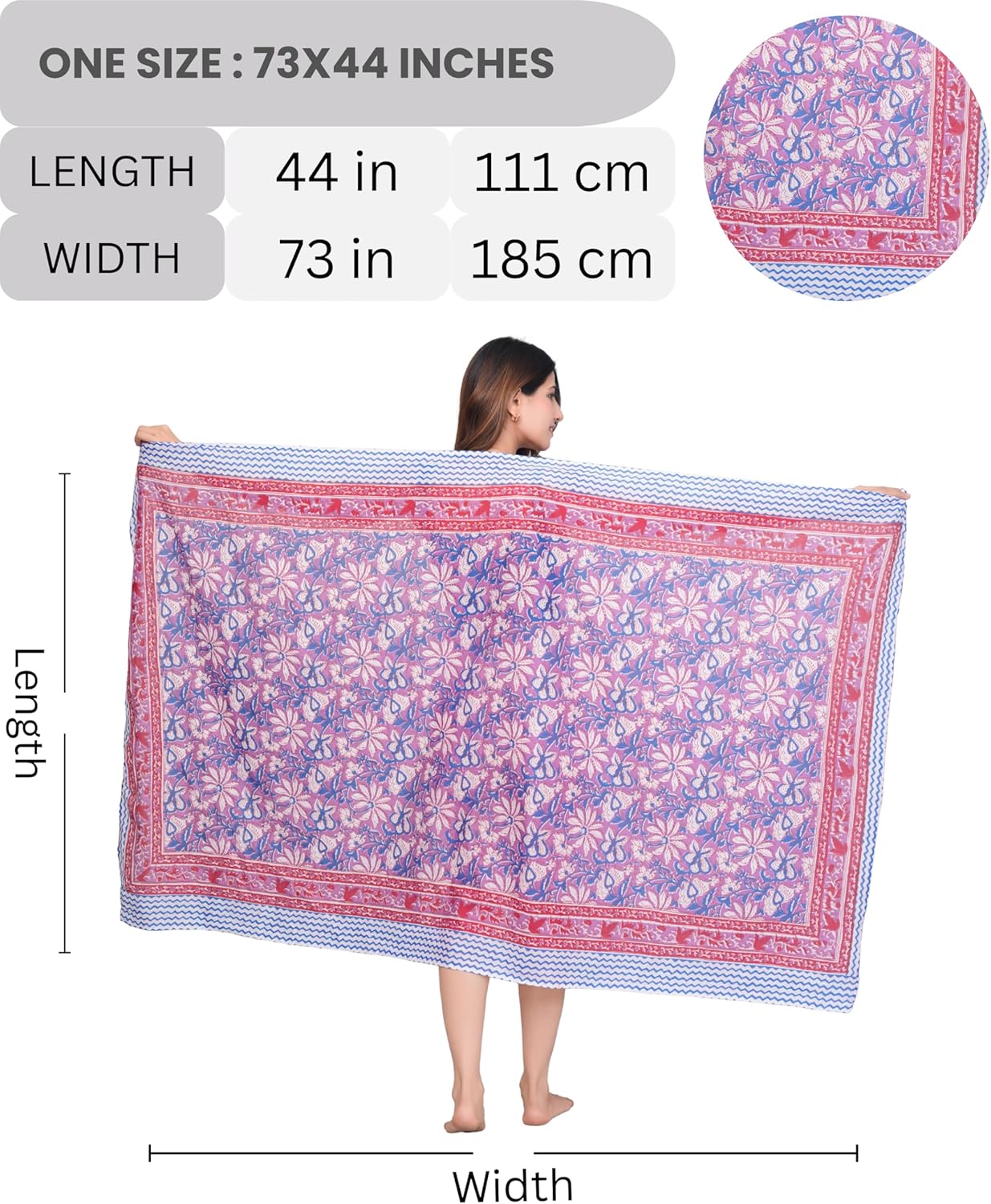 Hand Block Printed Cotton Sarong Wraps for Women – Lightweight Beach Swimsuit Cover Up, One Size Pareo 73 x 44 In - Image 5
