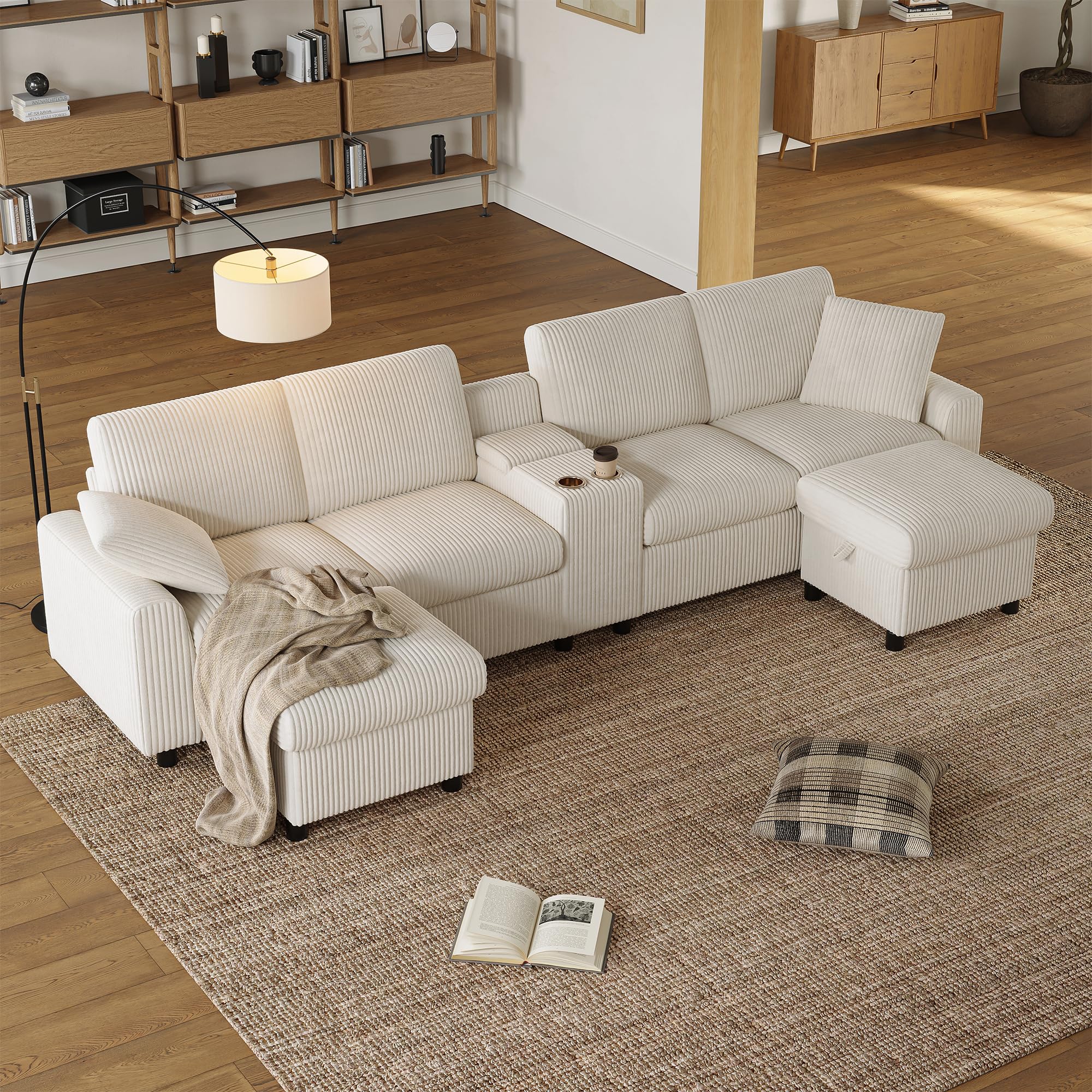 Divano a forma di U in Corduroy, beige, 140 x 320 cm, con 2 poggiapiedi con funzione di stoccaggio, tavolino da caffè, 2 portabevande