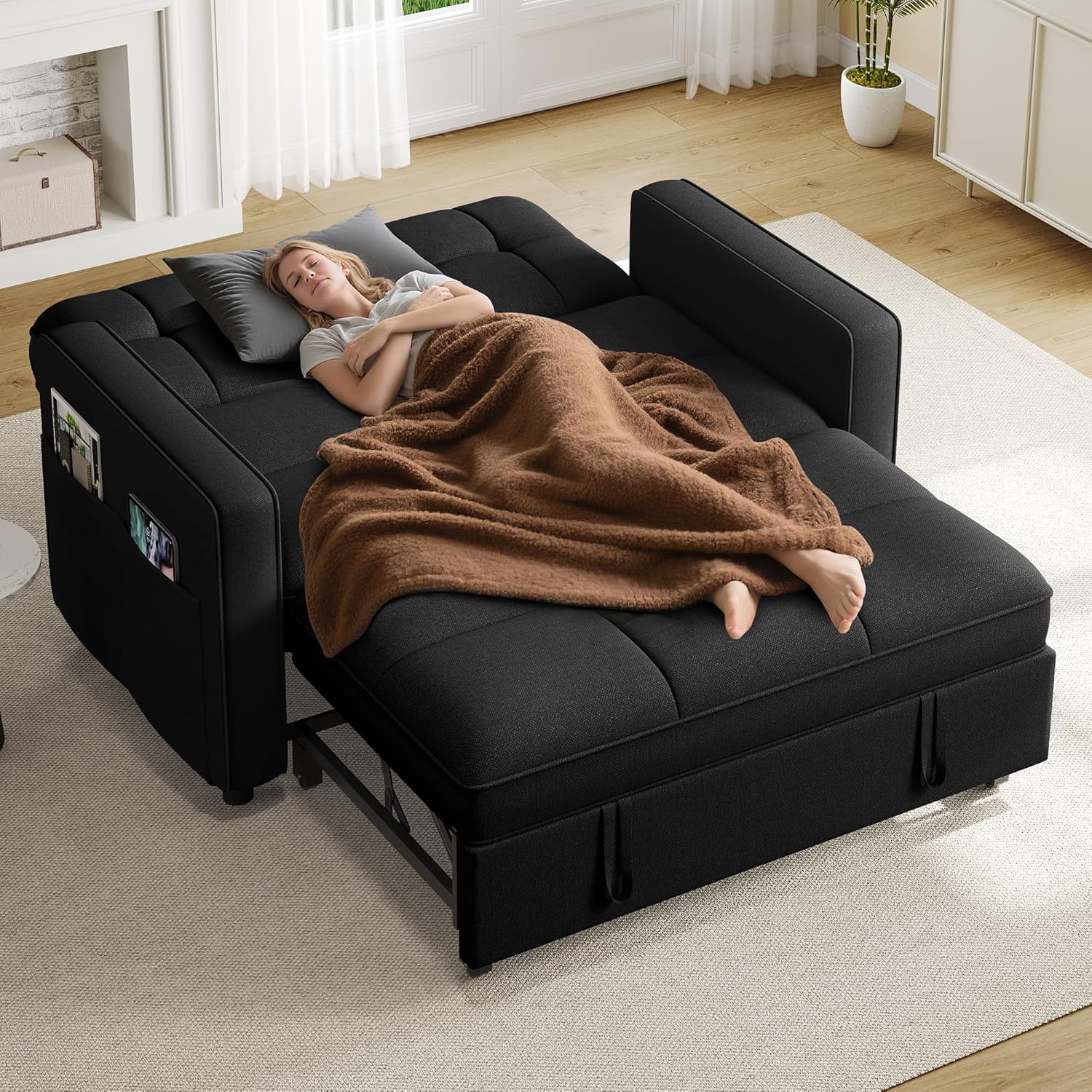 YITAHOME 55″ Convertible Sofa Bed, 3-in-1 Sleeper Sofa with Iron Frame Pull-Out Bed, Linen Futon Couch with Reclining Backrest and Side Pocket, Modern Loveseat for Living Room Bedroom Apartment, Black