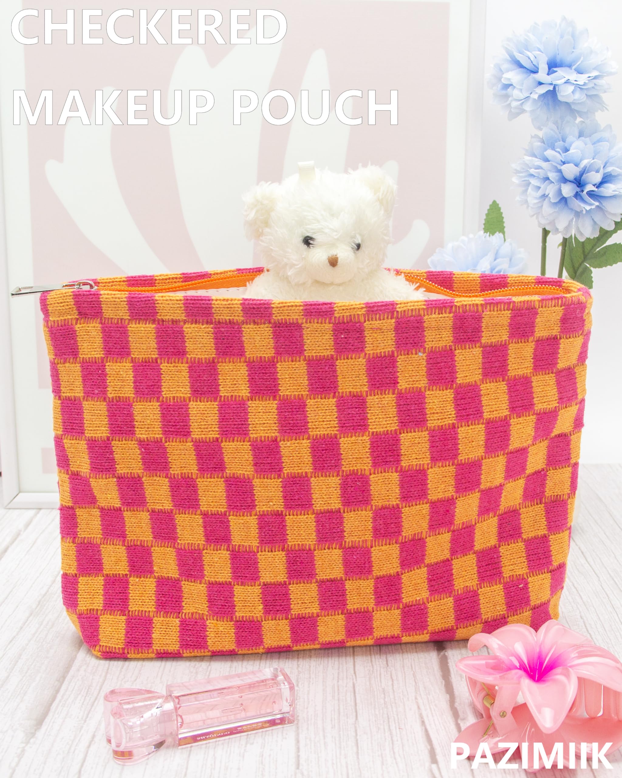 PAZIMIIK Karierte Make-up-Tasche für Geldbörse, tragbar, mit Reißverschluss, kleine Kosmetiktasche für Reisezubehör, Rot, Orange, 1PCS FLAT POUCH, Gestrickt