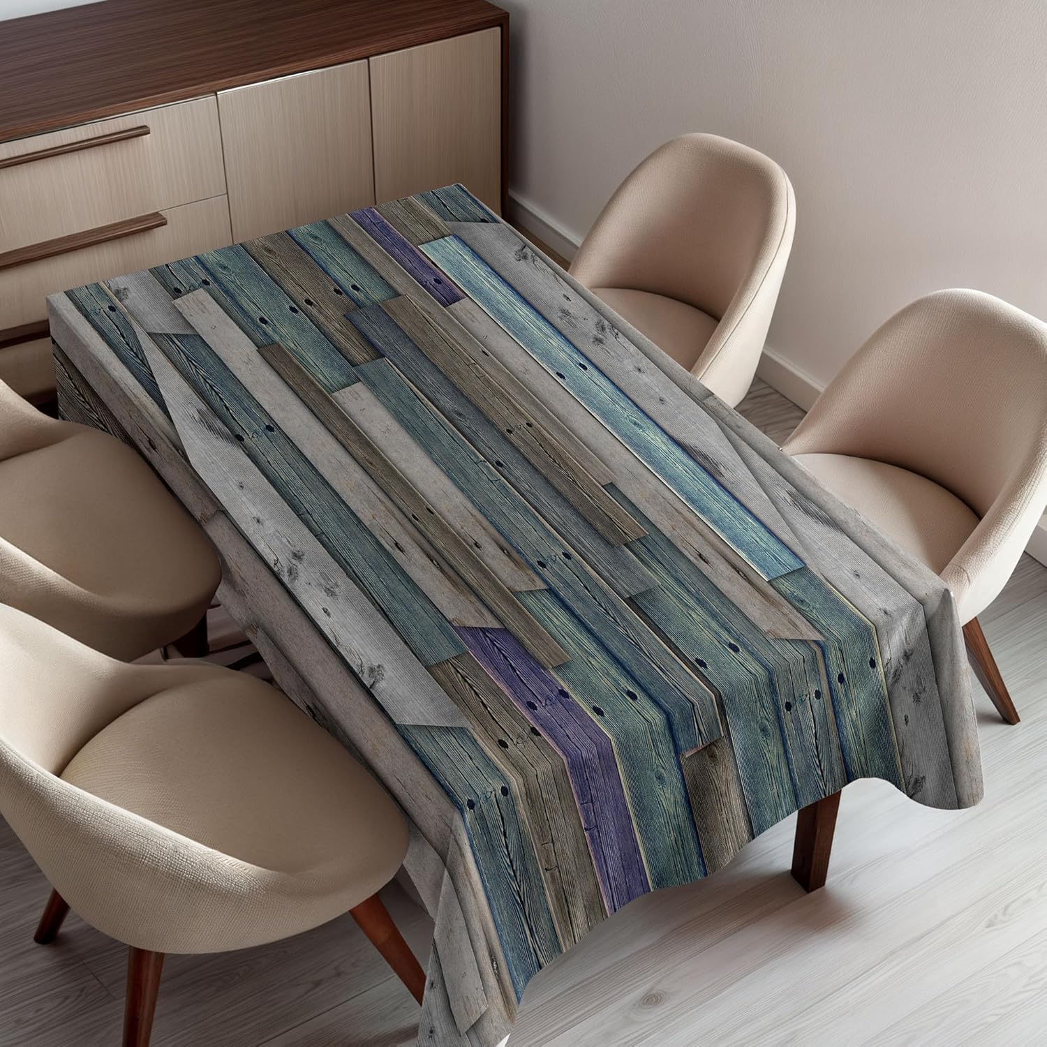 Ambesonne Rustic Tablecloth, Blue Grey Grunge Wood Planks Barn House Door Nails Country Life Theme Art, Rectangular Table Cover for Dining Room Kitchen Decor, 60" X 84", Umber Pale Teal Plum