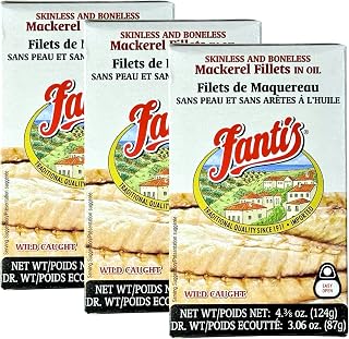Fantis Mackerel Fillets in Oil: Premium Wild-Caught Spanish Mackerel, Keto-Friendly High Protein Canned Fish, Pack of 3 (4.375 oz)
