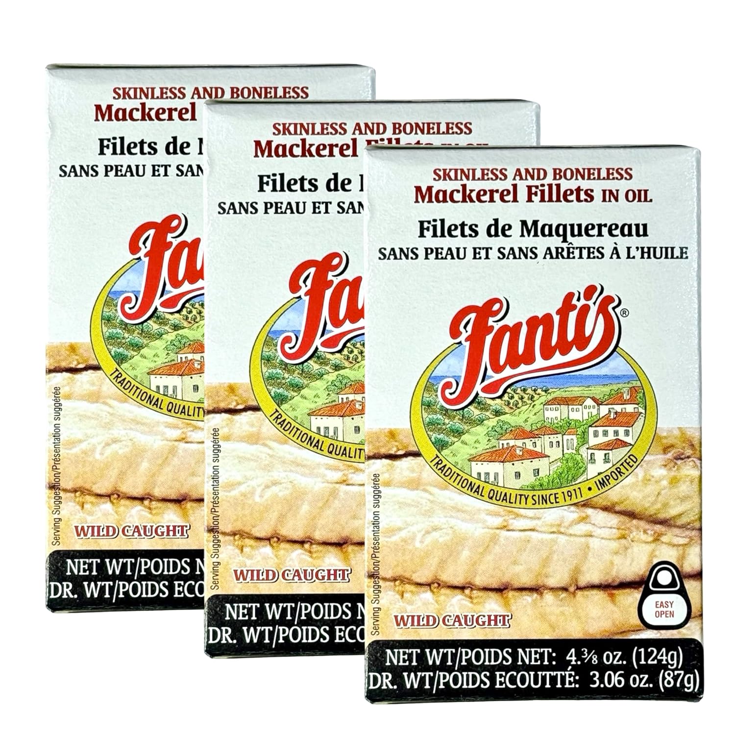 Fantis Mackerel Fillets in Oil: Premium Wild-Caught Spanish Mackerel, Keto-Friendly High Protein Canned Fish, Pack of 3 (4.375 oz)