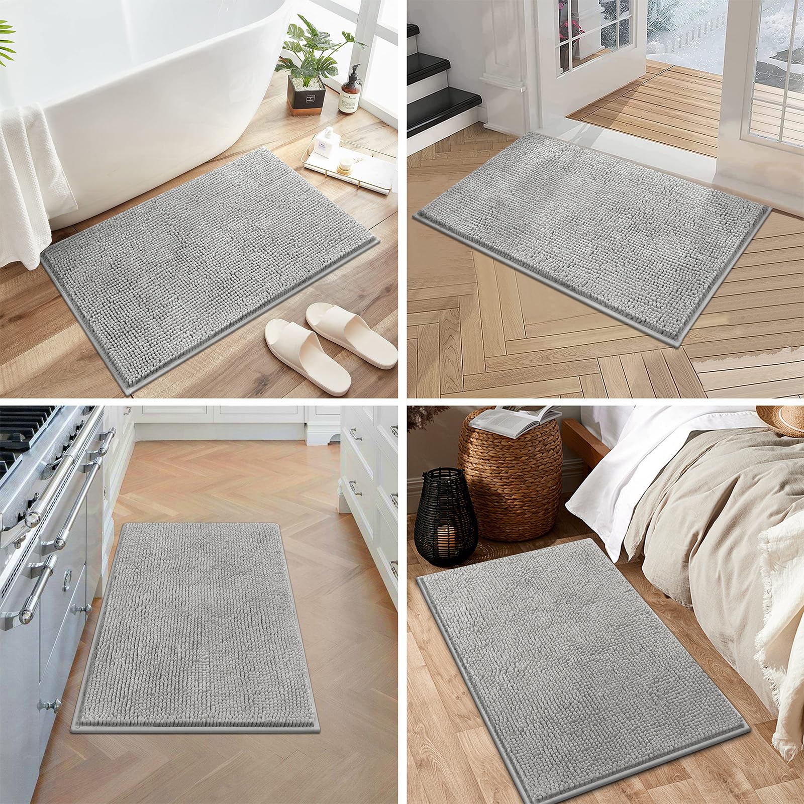 Enyhom Tappetini da bagno in ciniglia, 3 pezzi, ultra assorbenti, antiscivolo, lavabili in lavatrice, morbidi, a pelo lungo, per doccia (grigio chiaro, 45 x 65 + 50 x 80 + U50 x 60 cm)