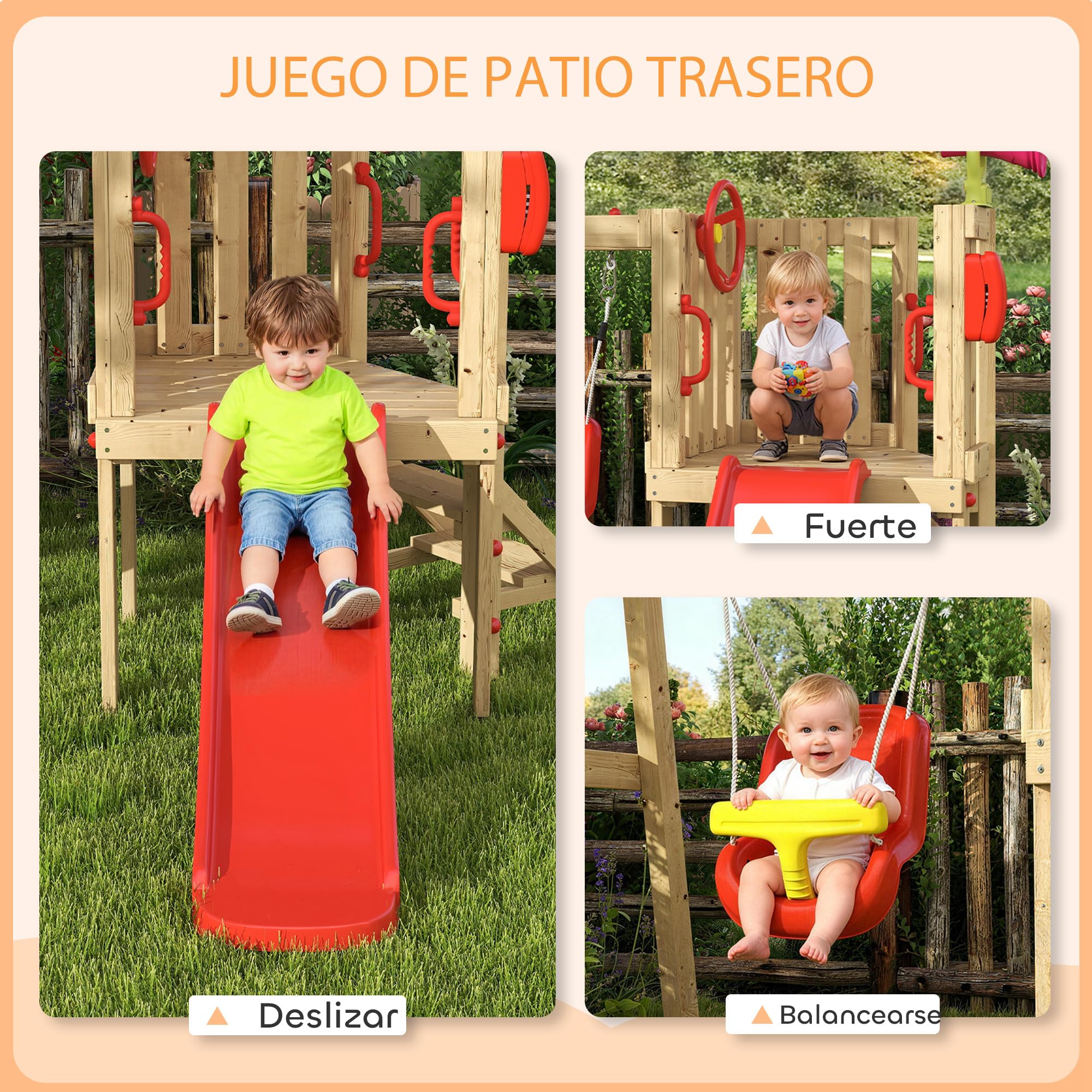 Outsunny Columpio y Tobogán Infantil, 5 en 1, Parque Infantil Exterior de Madera con Columpio, Tobogán, Volante, Bocina, Teléfono, para Niños de 18-48 Meses, para Patio, Césped, Rojo