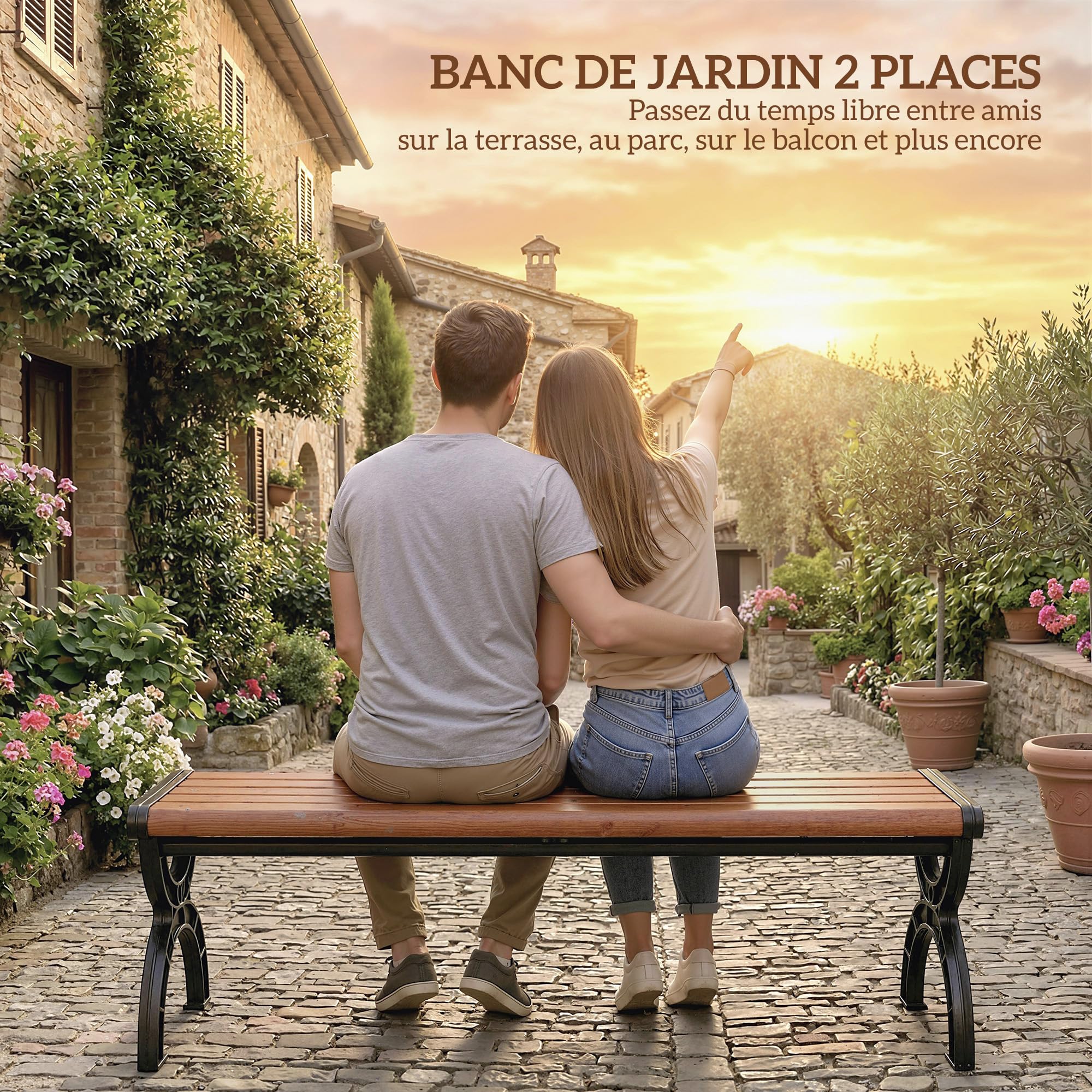 Outsunny Banc de Jardin Banc extérieur 2 Places avec Cadre en Métal et Assise à Lattes, antirouille, pour terrasse, Patio, pelouse, 124 x 39 x 39 cm, Effet Bois