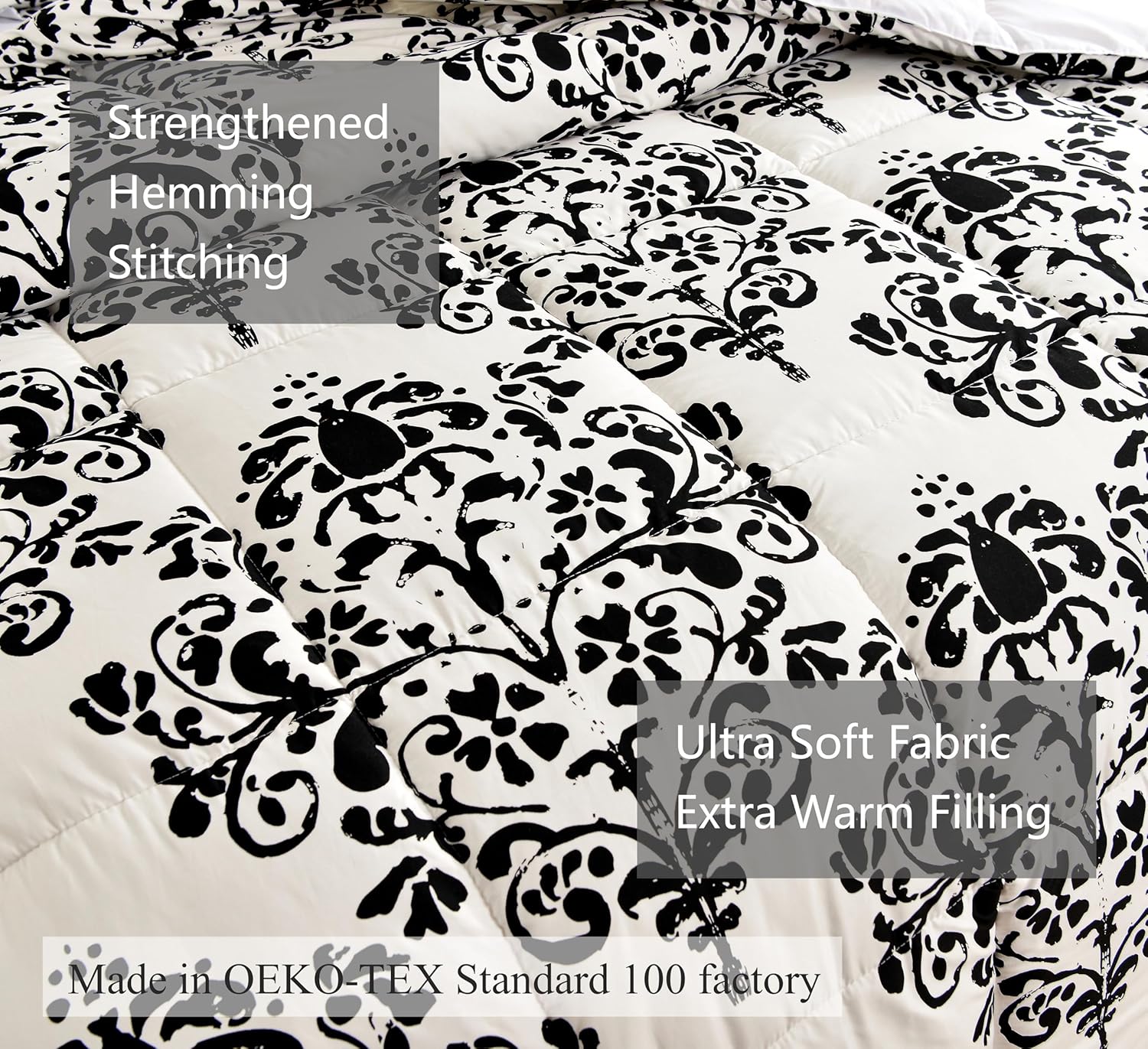 American Home Collection Down Alternative Comforter Set, Extra Warm & Ultra Soft Microfiber, 3 Pieces Bedding Set with 1 Comforter and 2 Pillow Shams (Full/Queen, Black & White Damask)